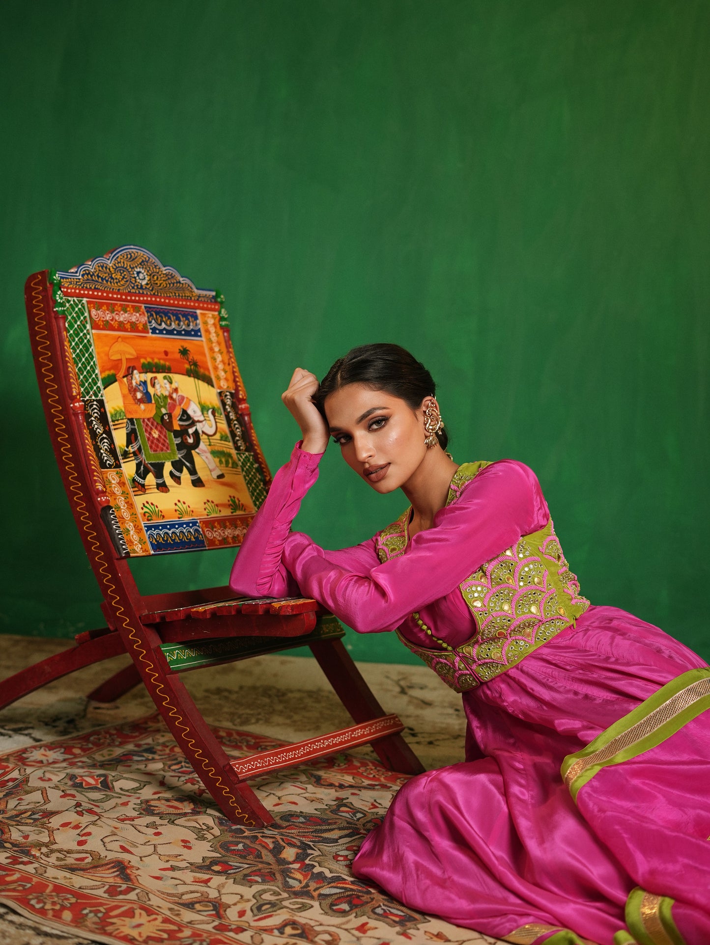 Fuschia Pink - Lime Green Heavy Anarkali Set (Set of 4)