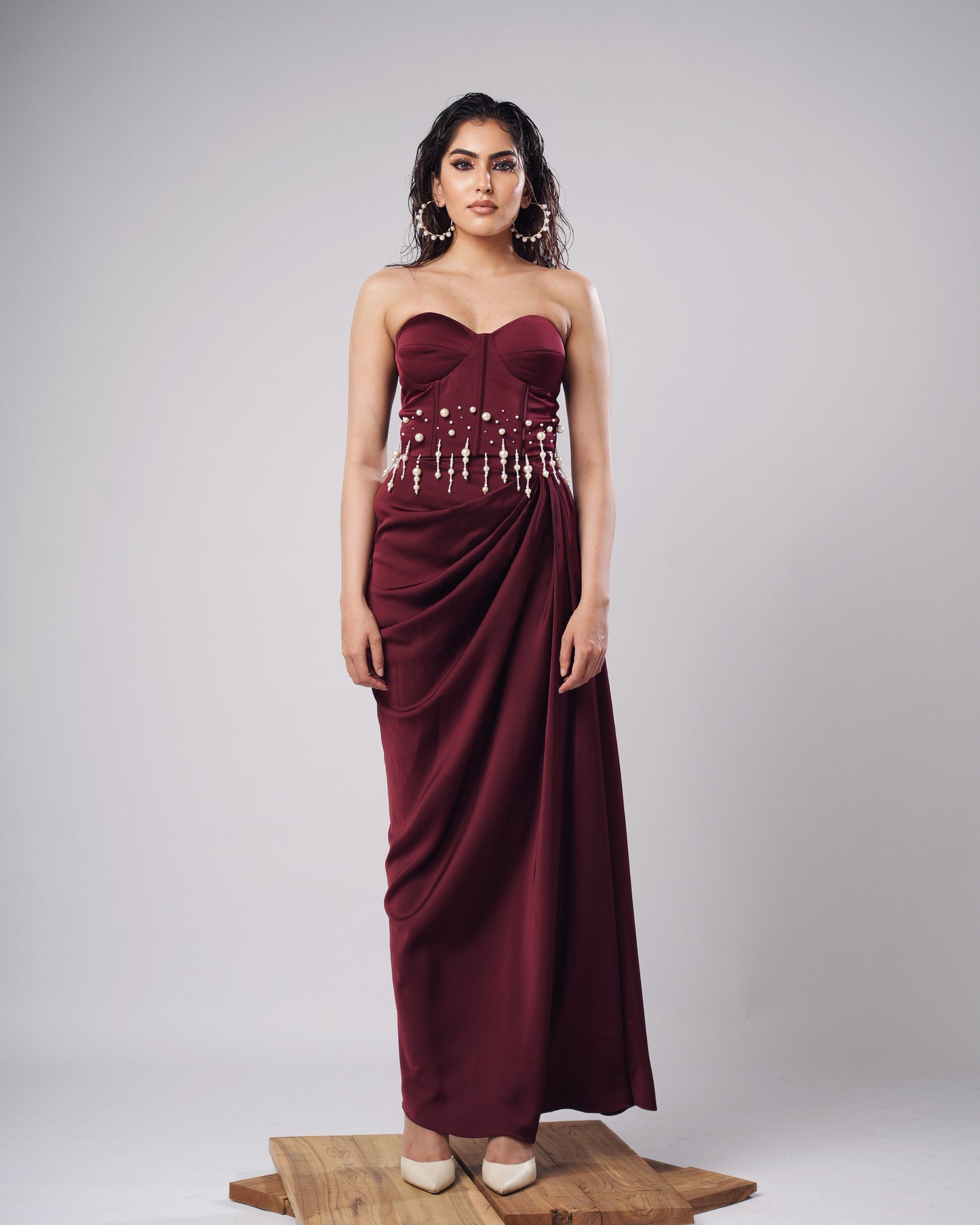 Olivia - Burgundy Pearl Corset Drape Set (SET OF 2)