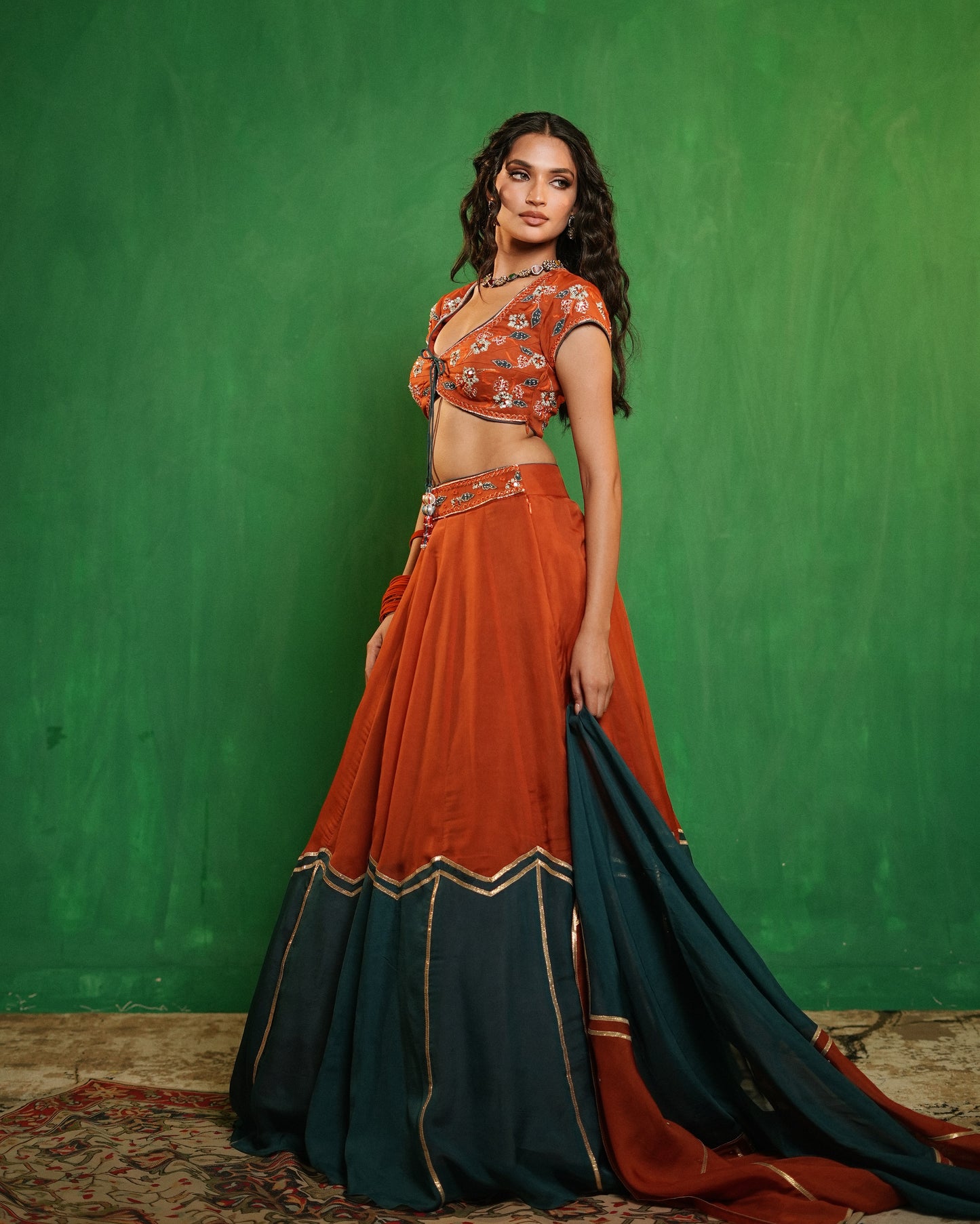 Rust-Teal Heavy Patchwork Lehenga Set (Set of 3)