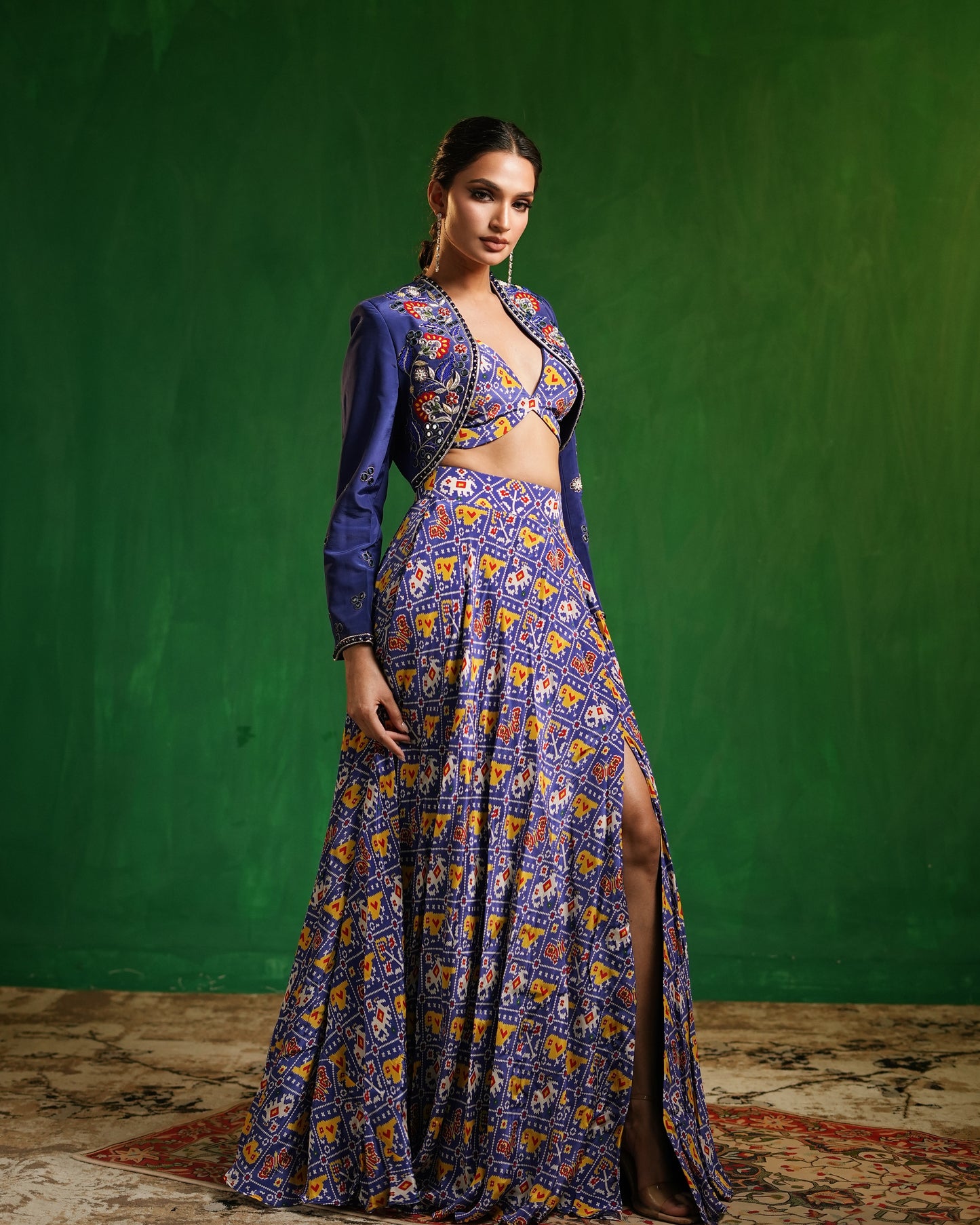 Blue Patola Printed Indo Lehenga  Set (Set of 3)