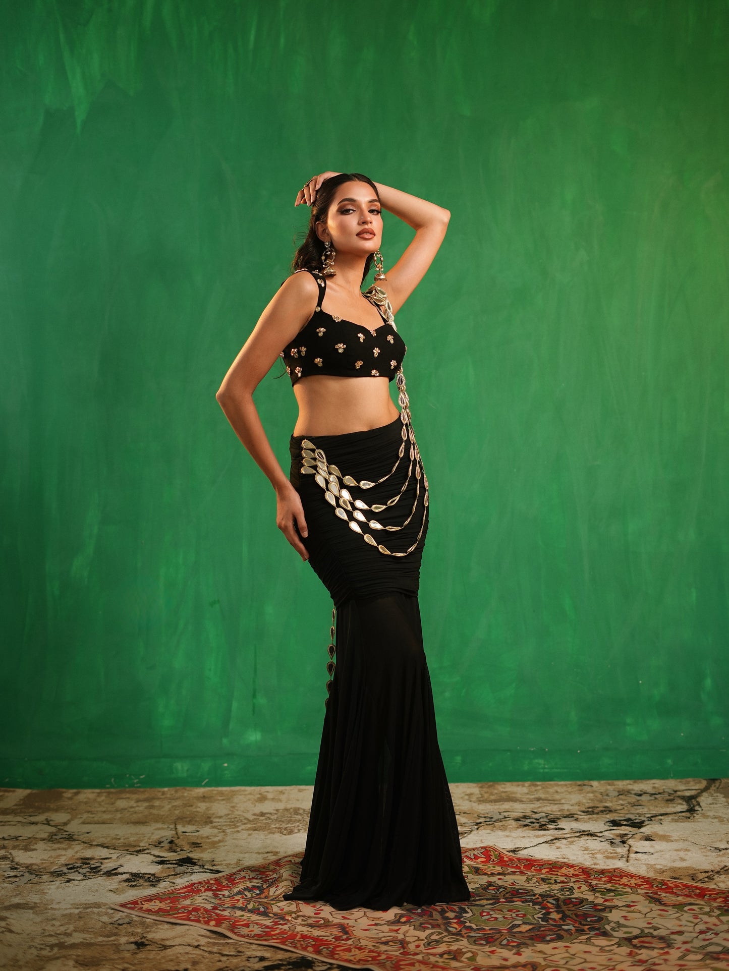 Black Heavy Mirror Draped Indo Saree Set (Set of 2)