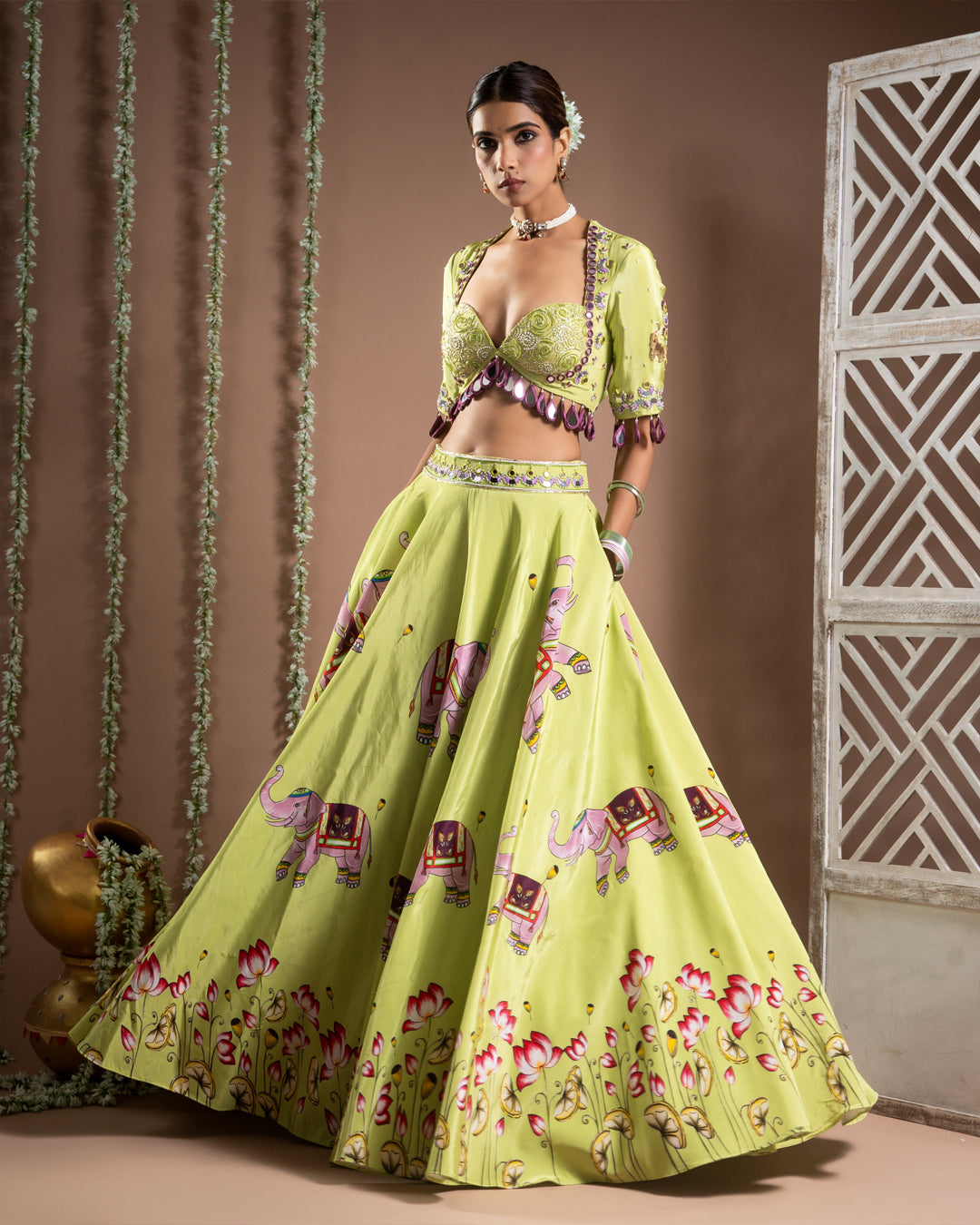 Elephant Print Green And Purple Heavy Lehenga Set (Set of 3)