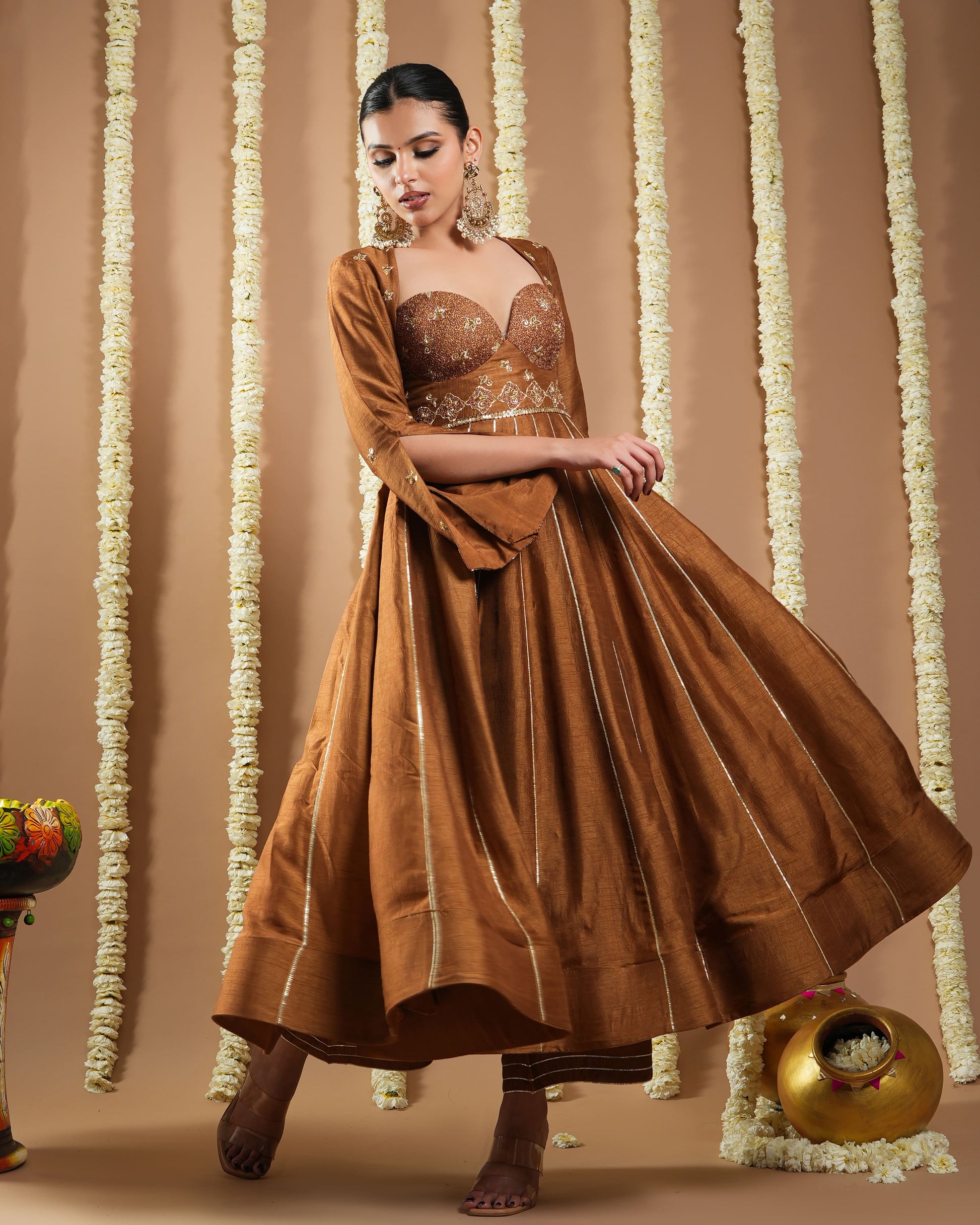 Antique Golden Silk Anarkali Set (Set Of 3) ahiclothing Antique Golden Silk Anarkali Set (Set Of 3) ahiclothing
