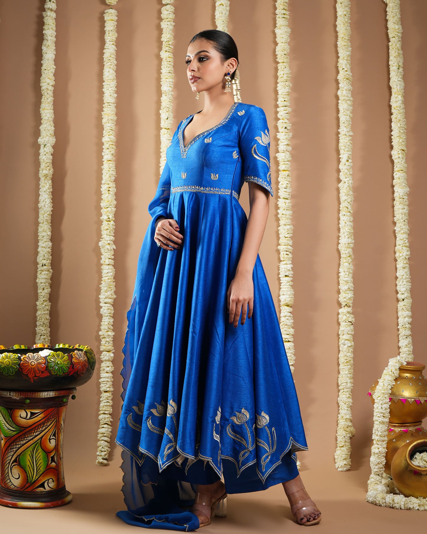 Royal Blue Silk Cutwork Anarkali Set (Set Of 3)