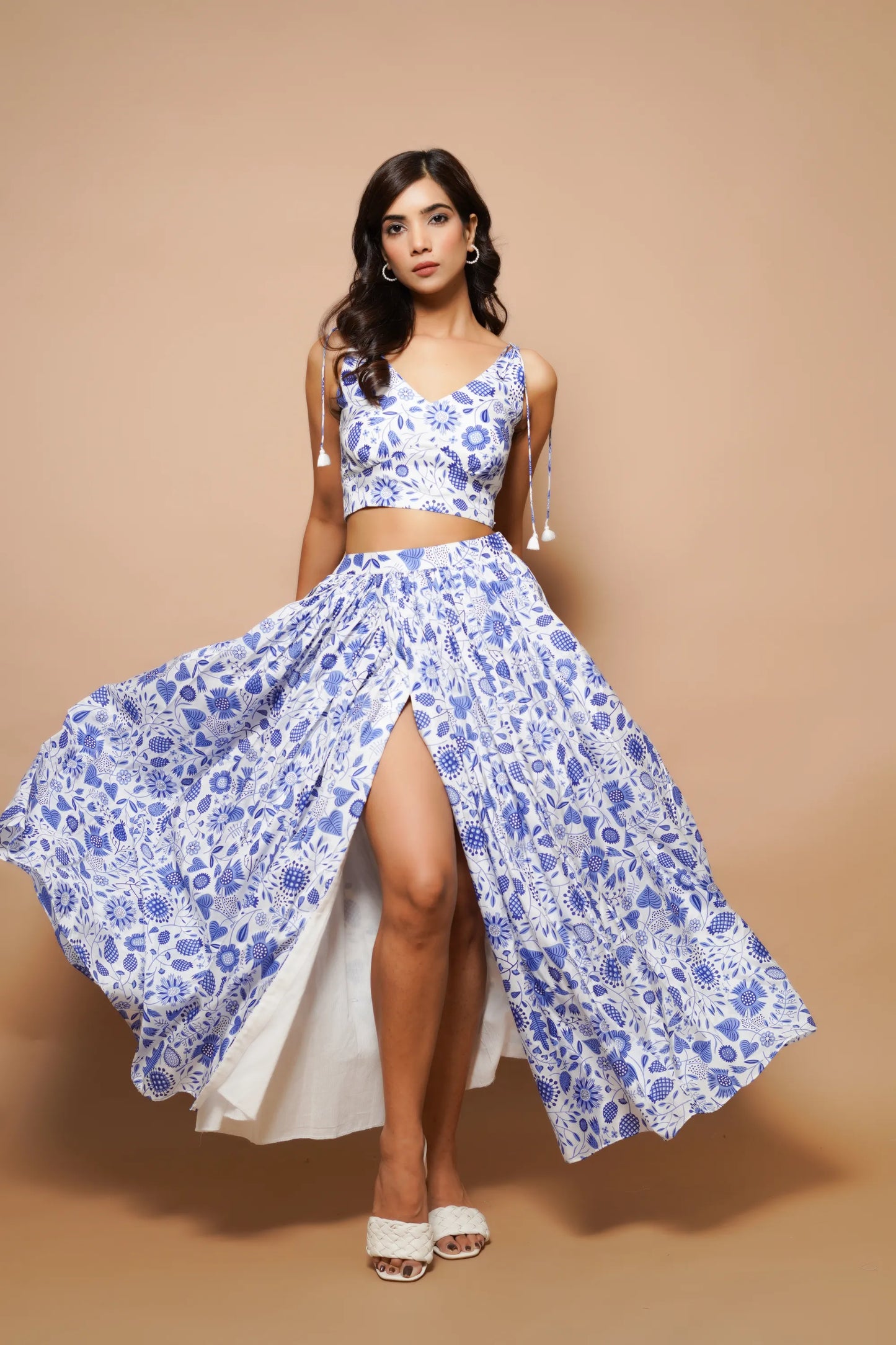 Block printed blue and white long skirt co-ord