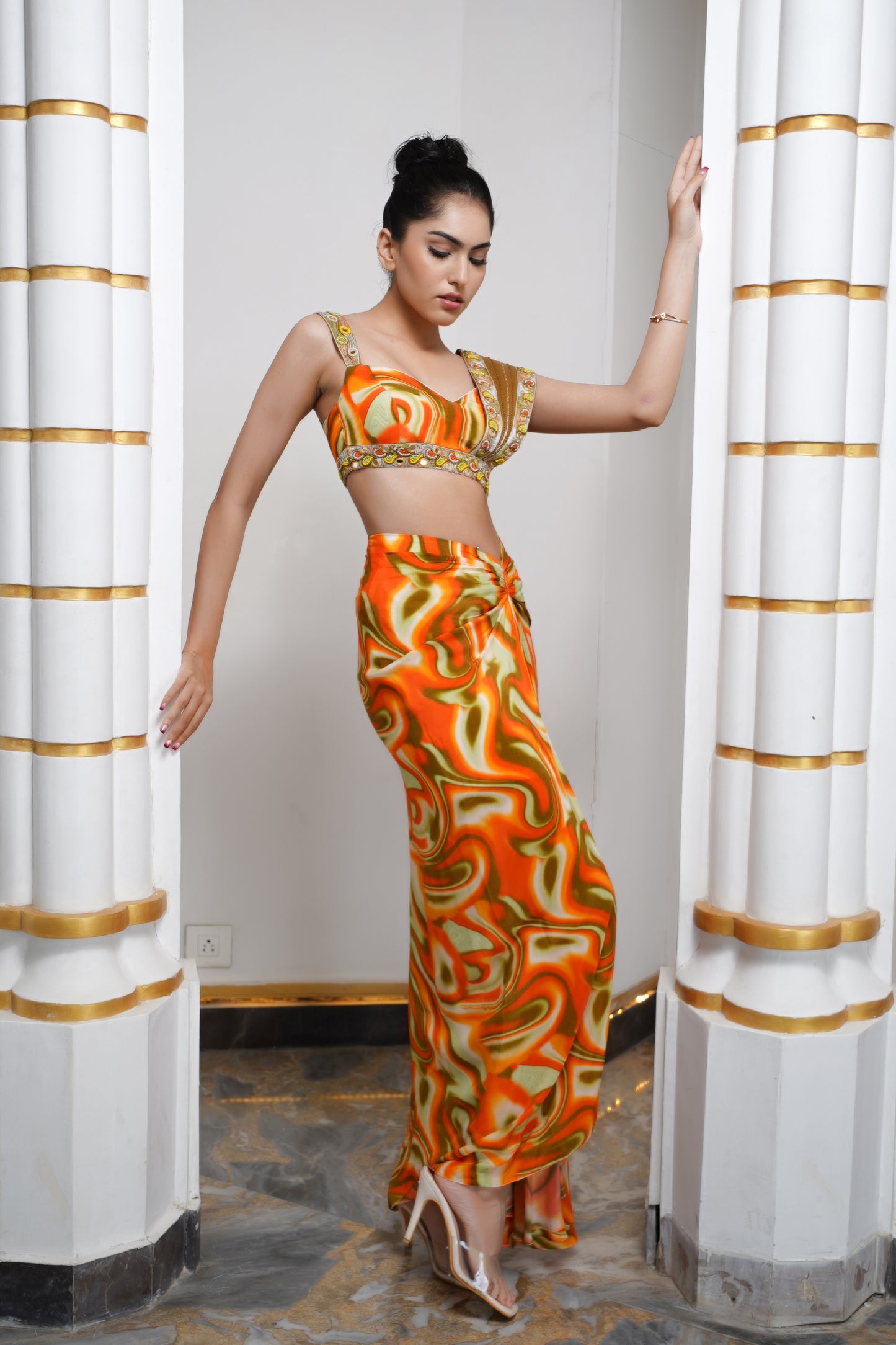 ORANGE MULTICOLOR ABSTRACT DRAPE SKIRT SET (SET OF 2)