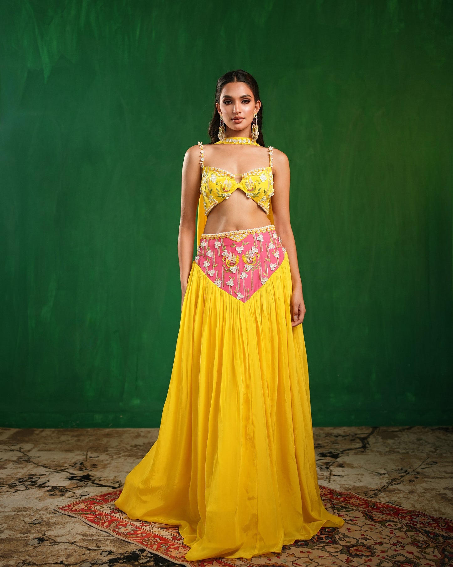 Yellow-Rose Pink Indo Lehenga Set (Set of 3)