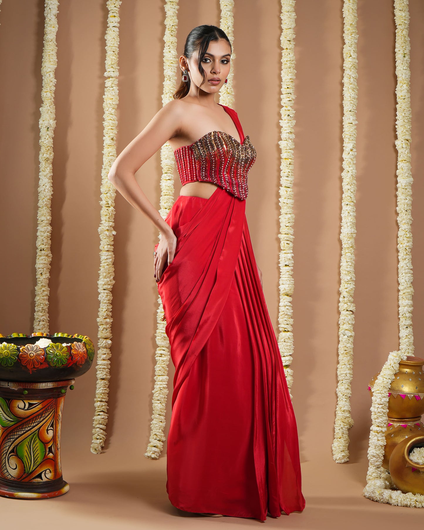 Hot Red Corset Draped Saree (Set Of 2)