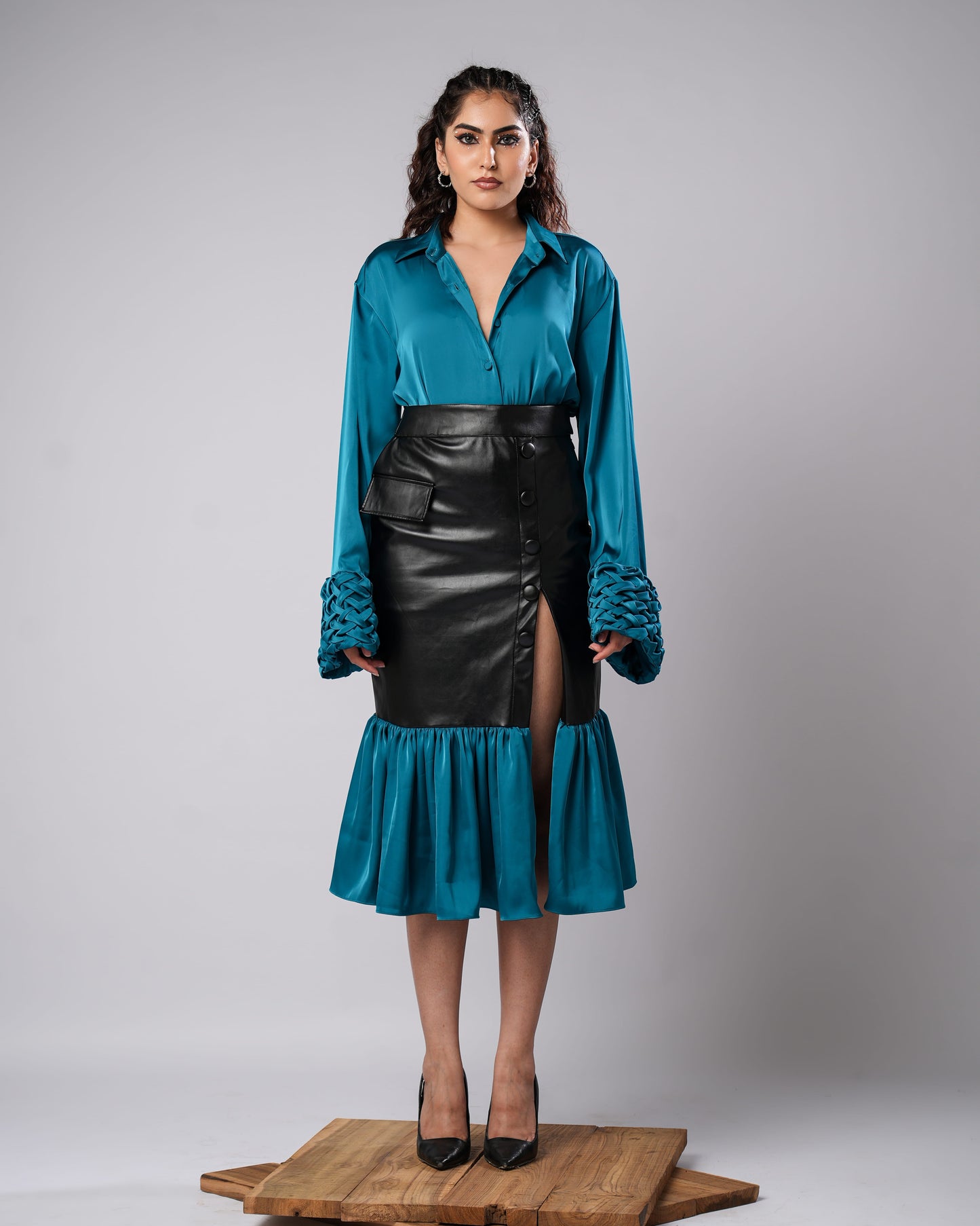 Jade - Teal Woven Shirt & Vegan Leather Skirt Co-Ord (SET OF 2)