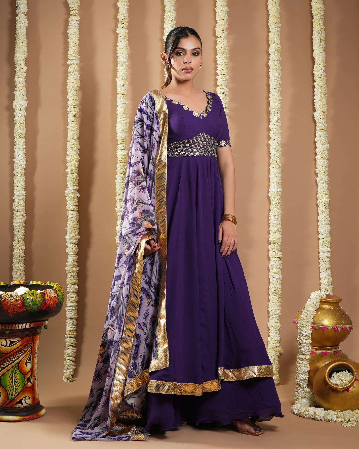 Dark Purple Georgette Anarkali Set (Set Of 3)