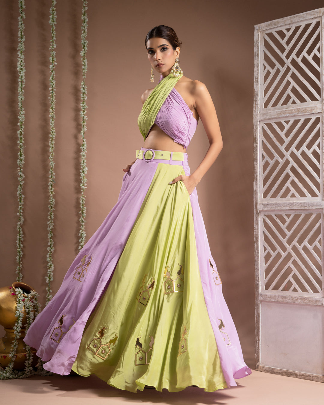 Green Lilac Indo Lehenga With Belt (Set of 2)