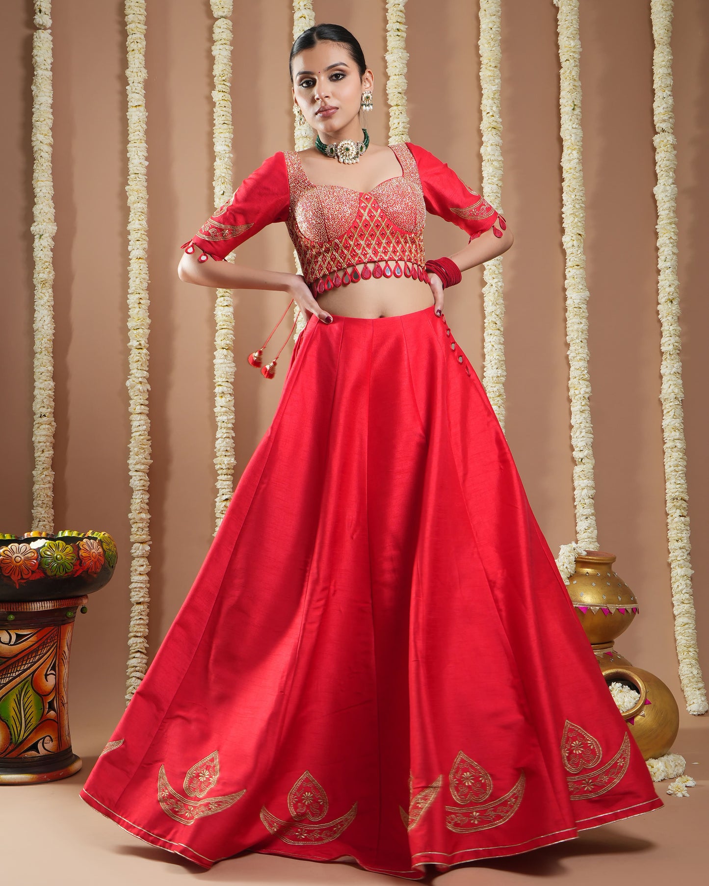 Chilli Red Heavy Silk Lehenga Set (Set Of 3)