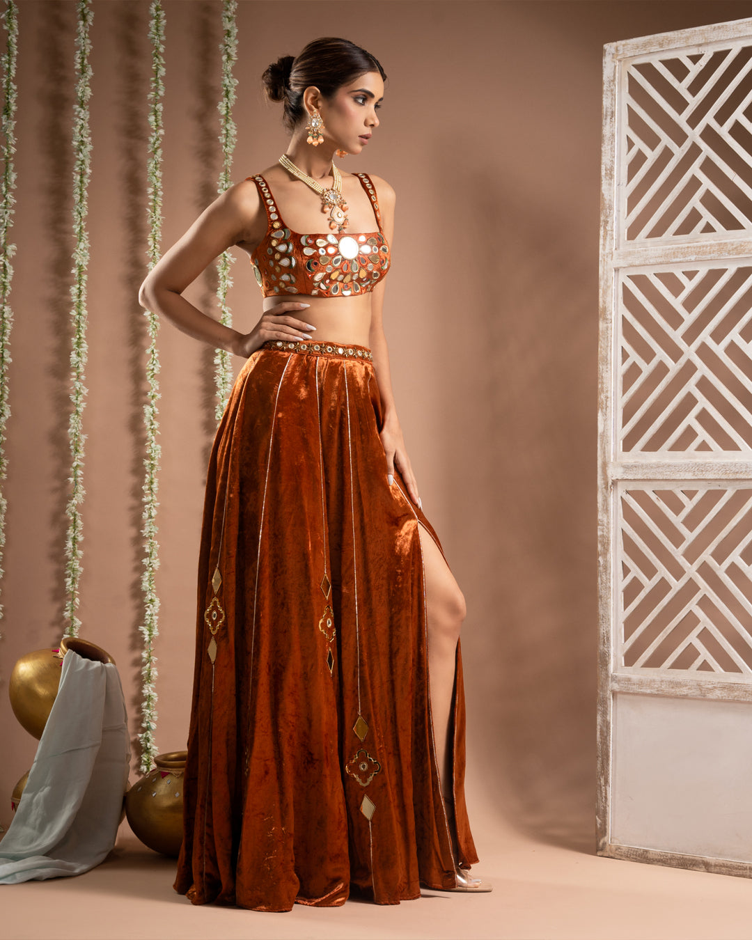 Rust Orange Velvet Indo Lehenga Set (Set of 2)