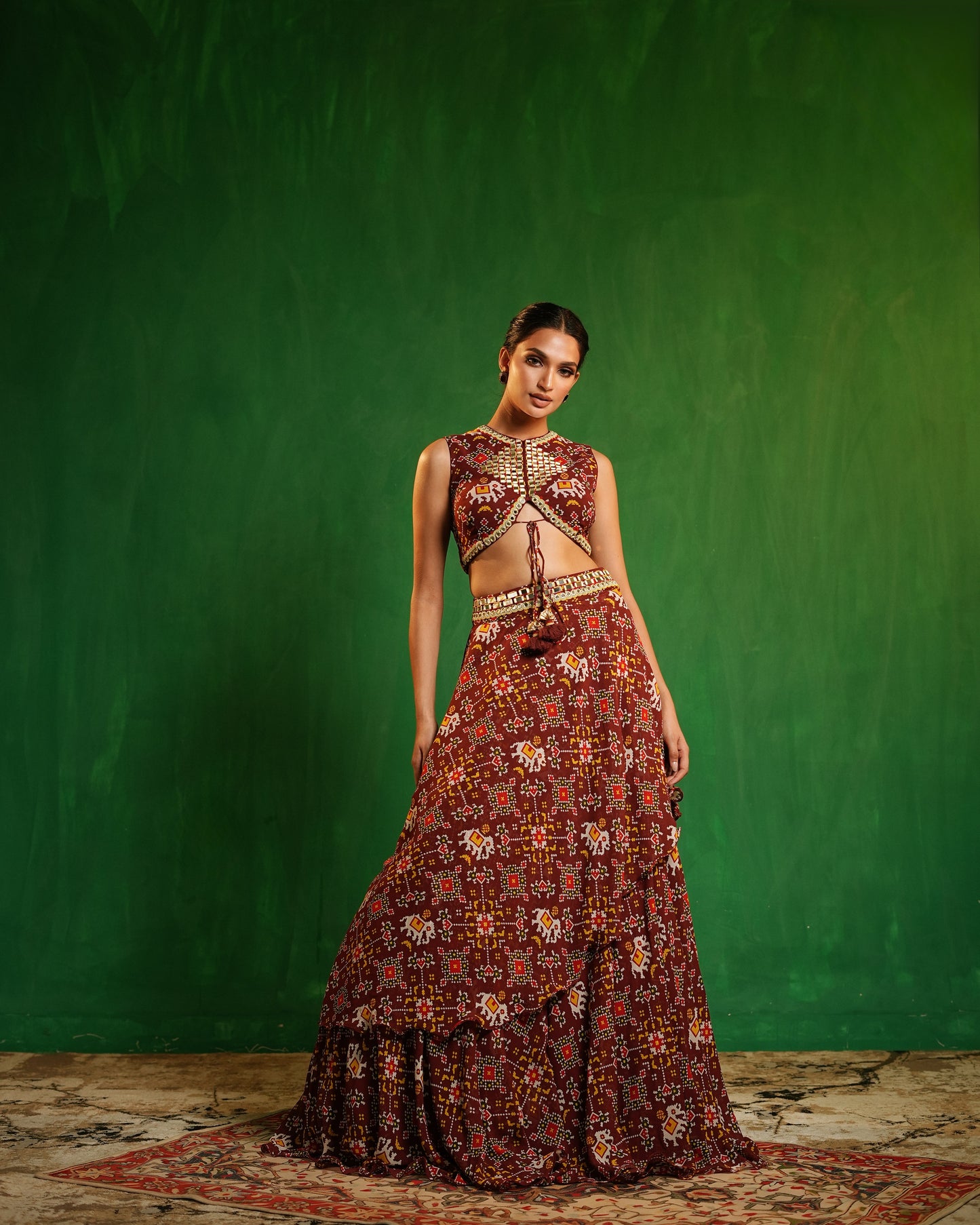 Maroon Patola Printed Indo Lehenga Set (Set of 2)