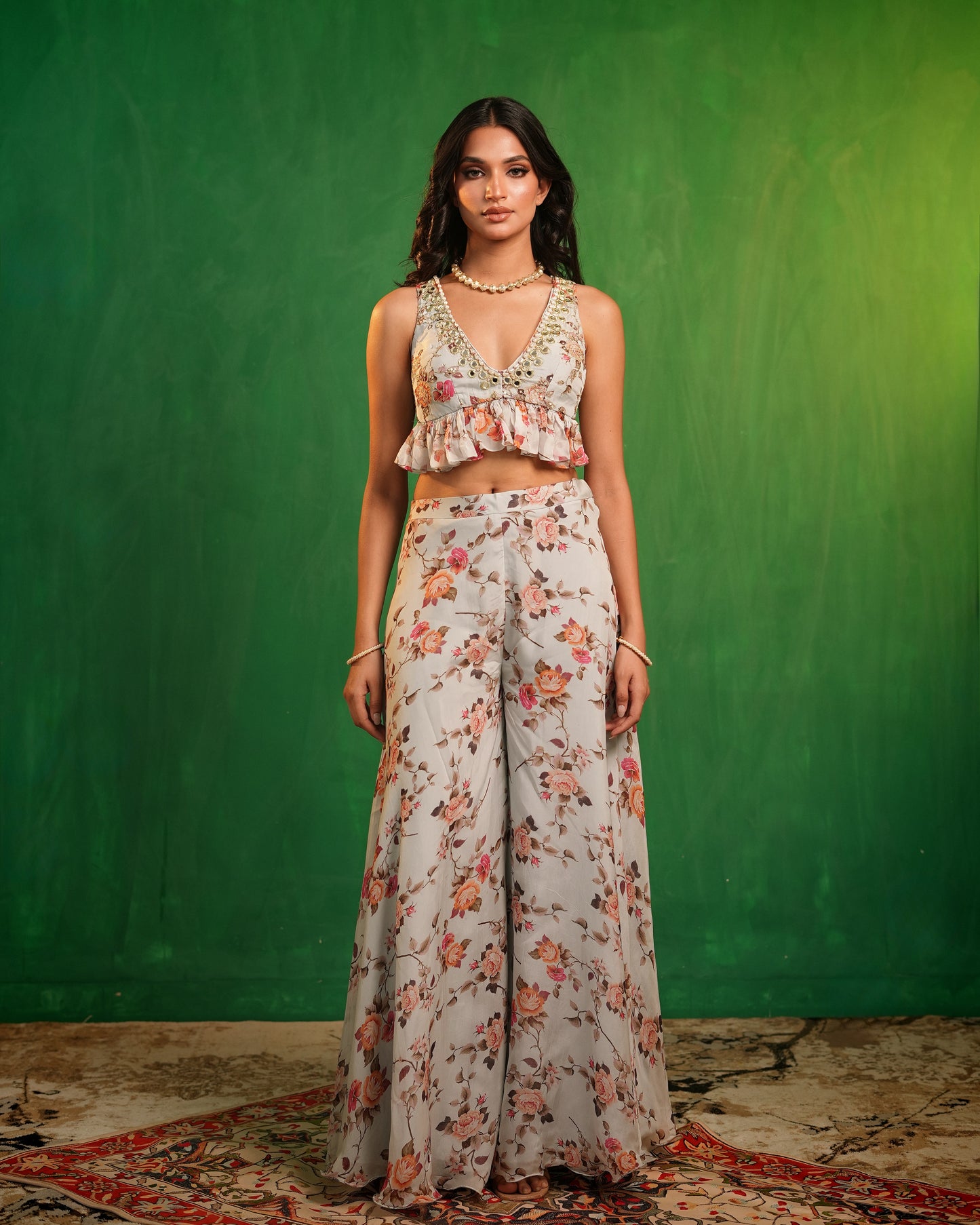 Sky Blue Floral Printed Backless Indo Set  (Set of 2)