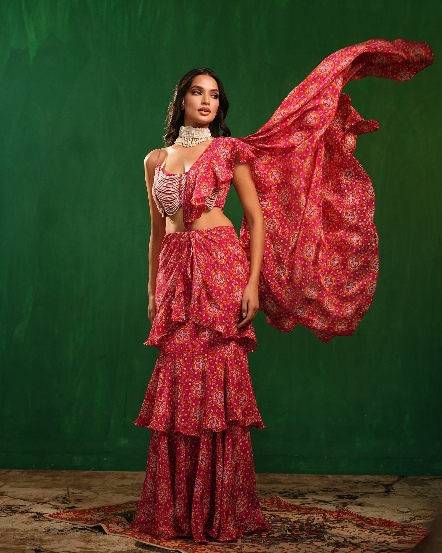 Fuchsia Mandla Digital Print Ruffle Pre Drape Saree Set (Set of 2)