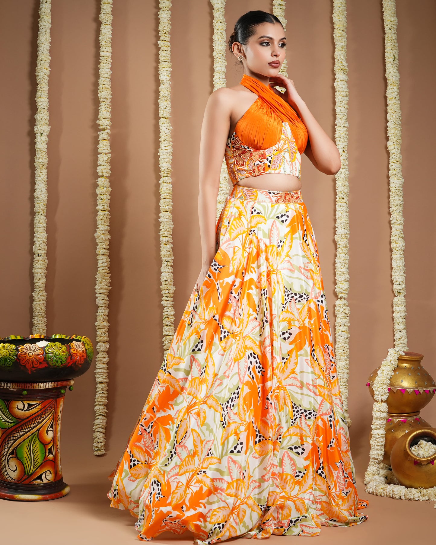 Forest Orange  Printed Corset Drape Indo Lehenga Set (Set Of 2)