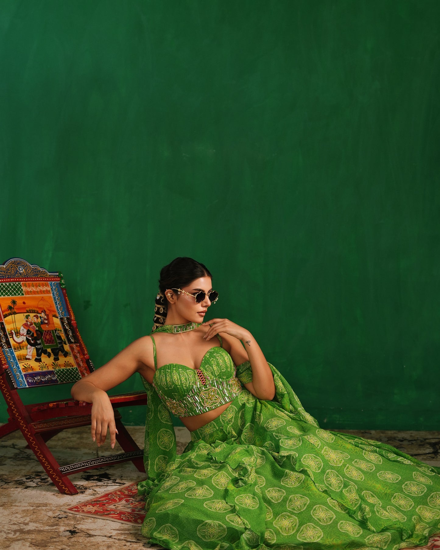 Lime Green Ruffle Lehenga Set (Set of 3)
