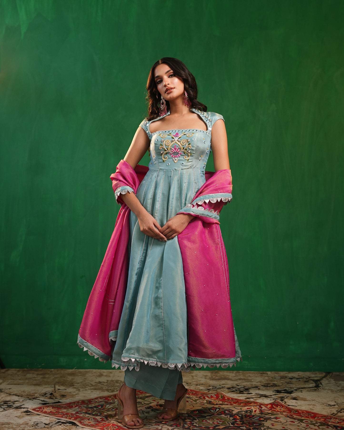 Aqua Blue Tissue Silk Heavy Anarkali Set  (Set of 3)