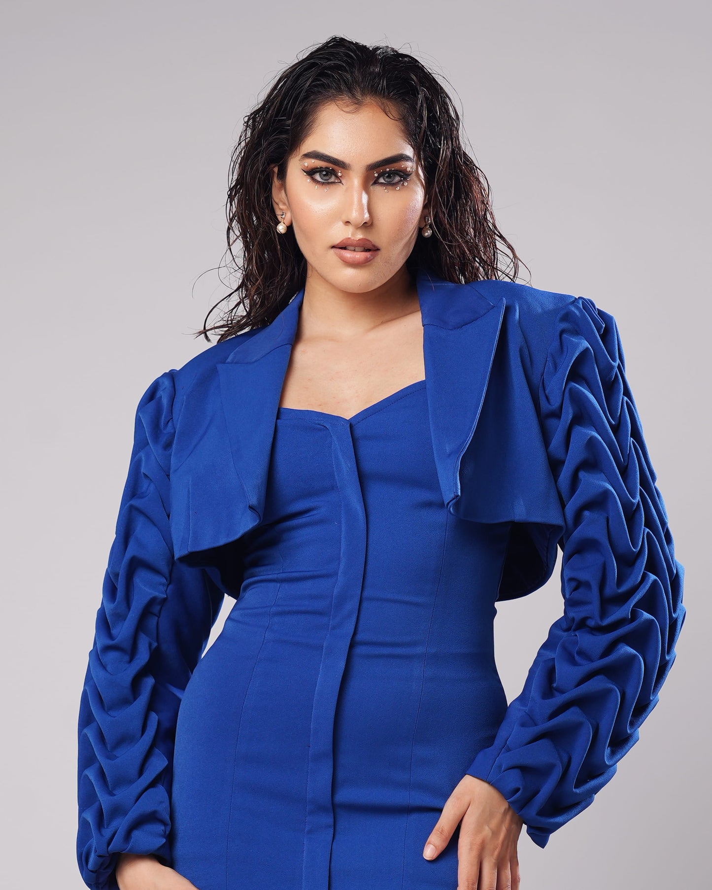 Scarlett - Cobalt Blue Sculpted Mini Dress With Textured Bolero