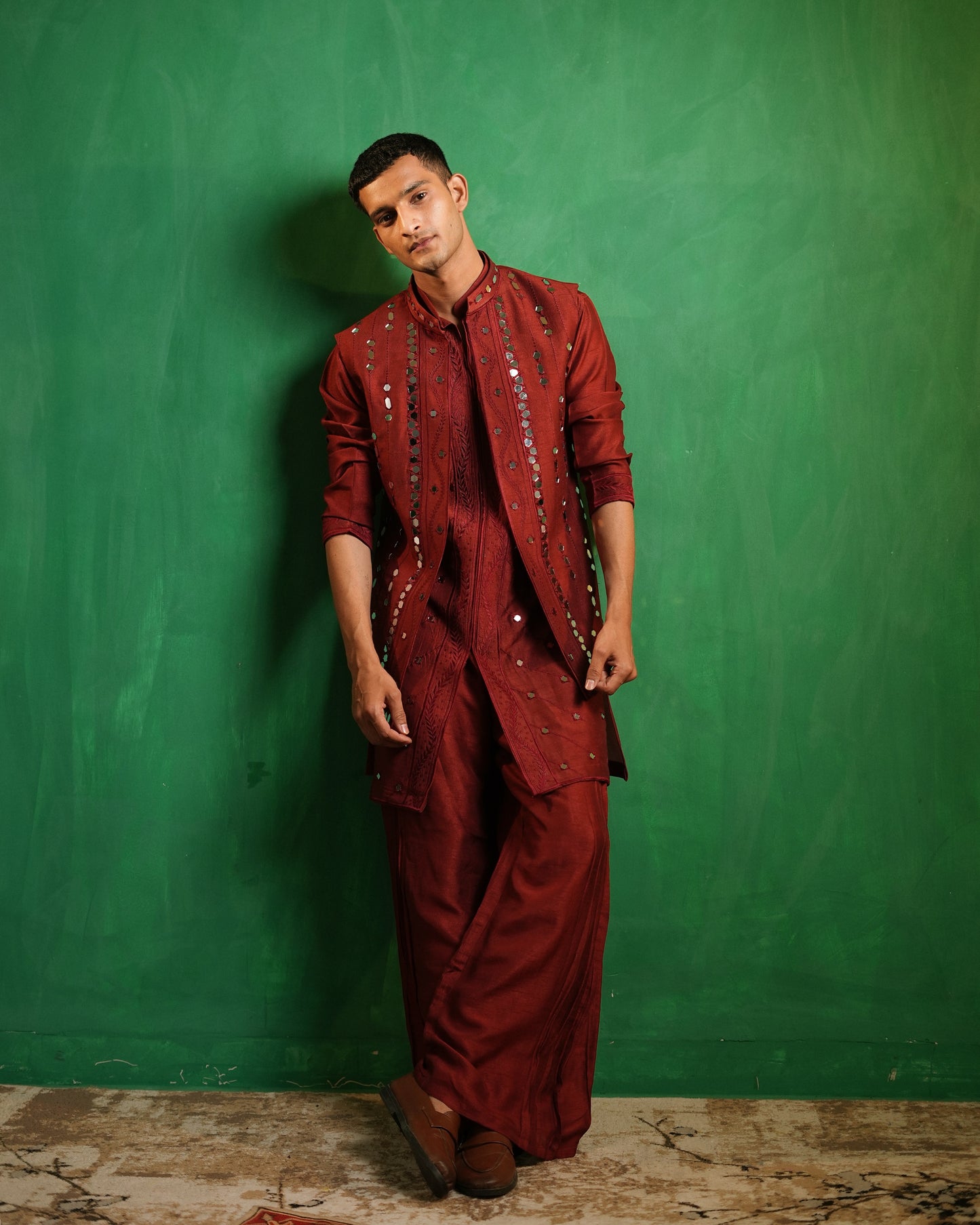 Deep Maroon Embellished Kurta Jacket Set (Set of 3)