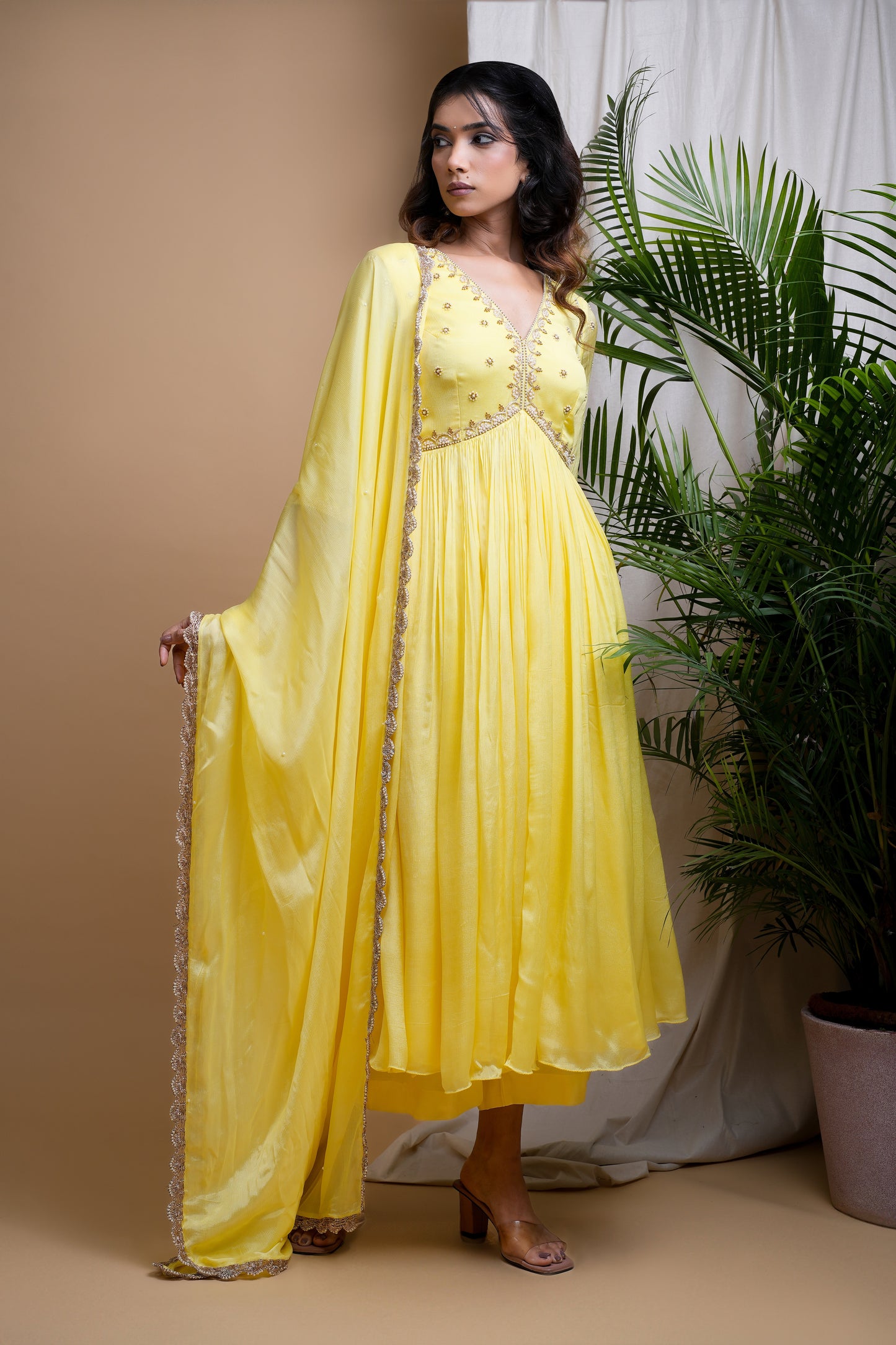 YELLOW CHIFFON ANARKALI SET (SET OF 3)