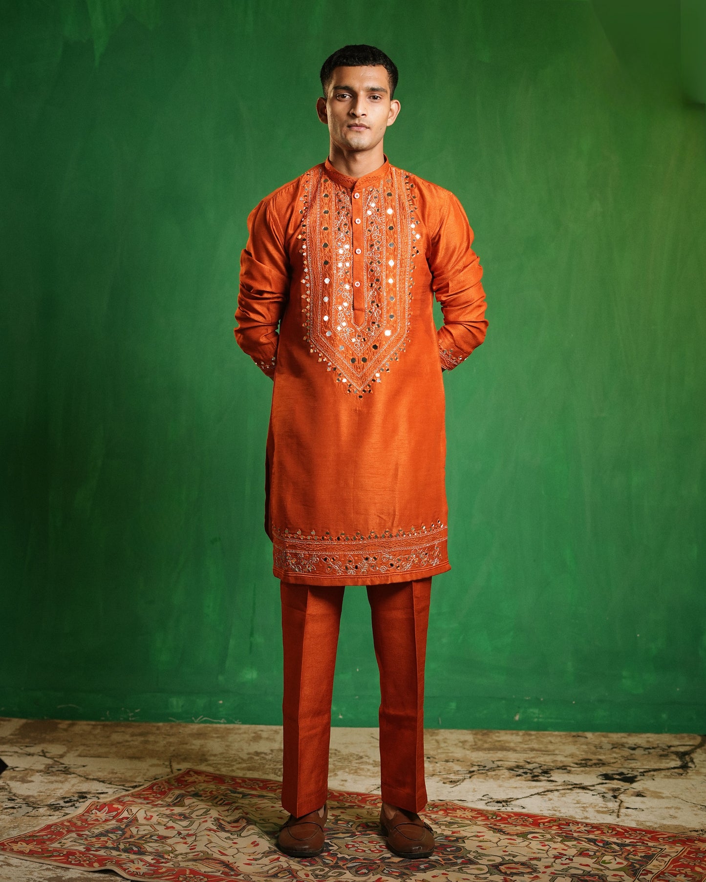 Rust Ember Mirror Work Embroidered Kurta Set (Set of 3)