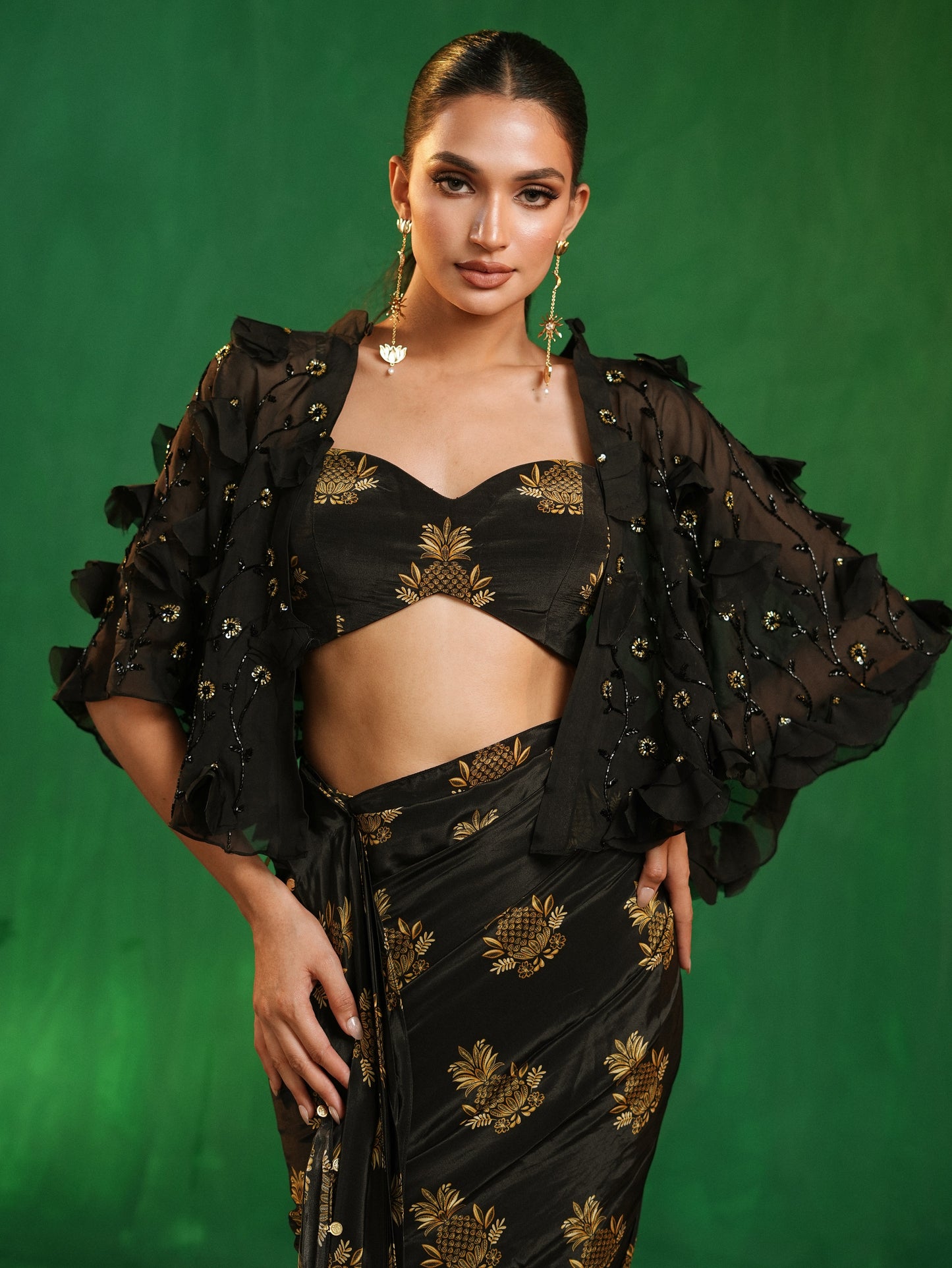 Pineapple Print Pre-Drape Saree With Statement Organza Poncho Set (Set of 3)