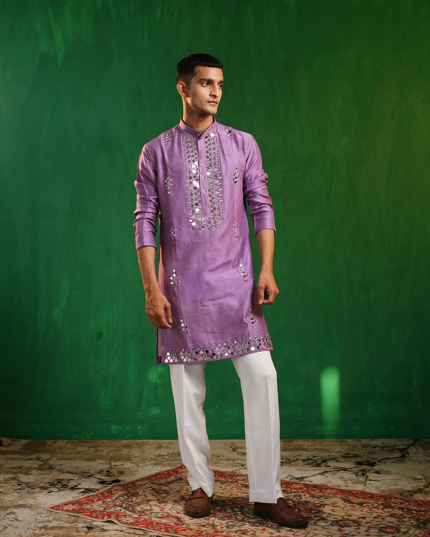 Lilac Mirror-Embroidered Heavy Kurta Set (Set of 3)