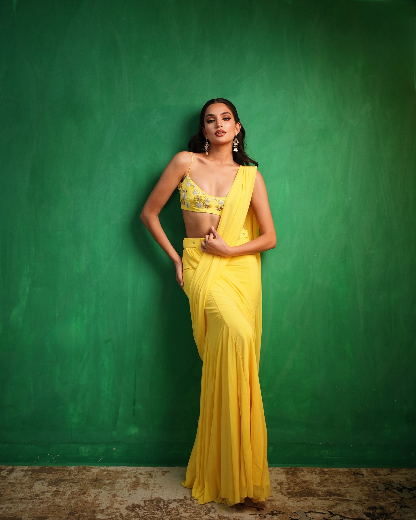 Sunshine Yellow Pre Drape Saree  Set  (Set of 2)