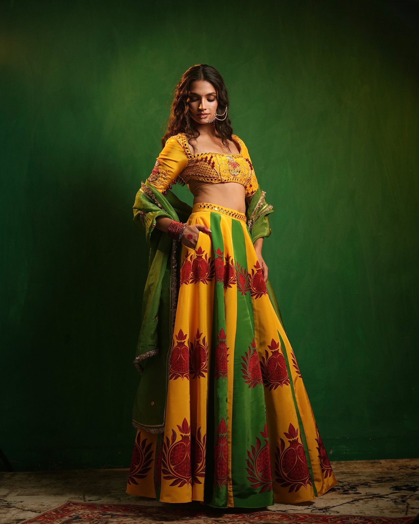 Pomegranate Dual Printed Heavy Lehenga Set (Set of 3)