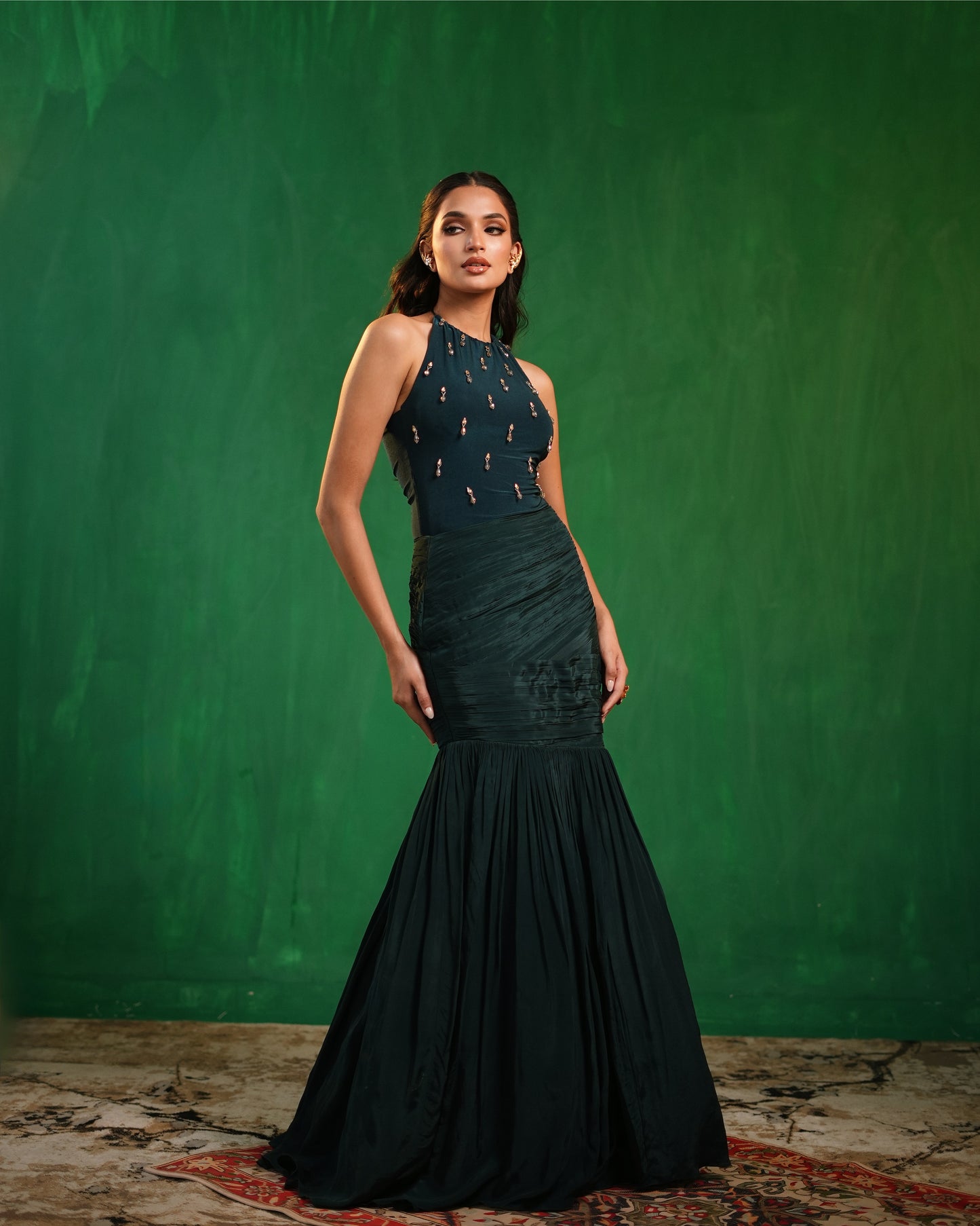 Midnight Green Halterneck Bodysuit With Drape Mermaid Skirt Set  (Set of 2)