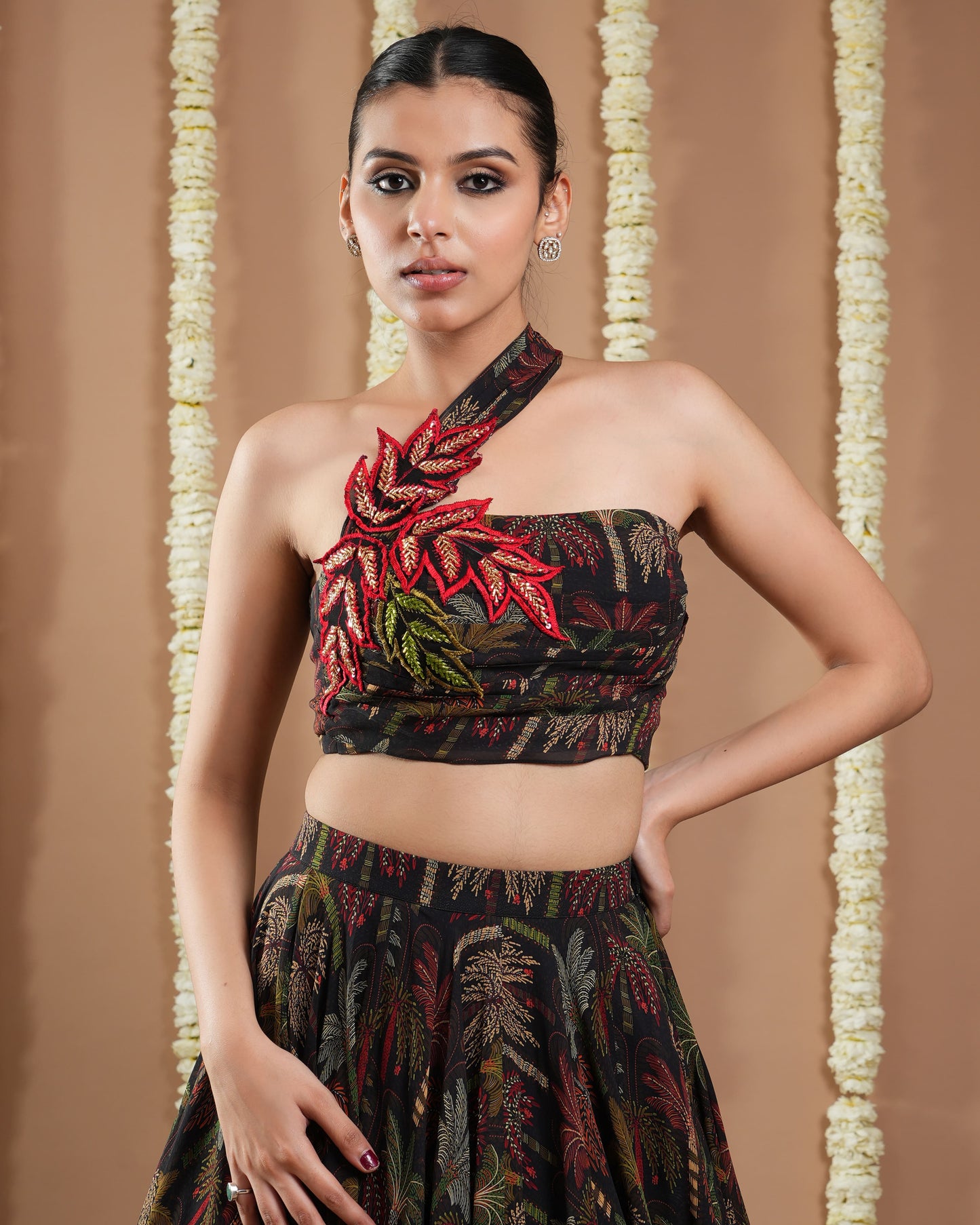 Black Printed Drape Top And Skirt Set (Set Of 2)