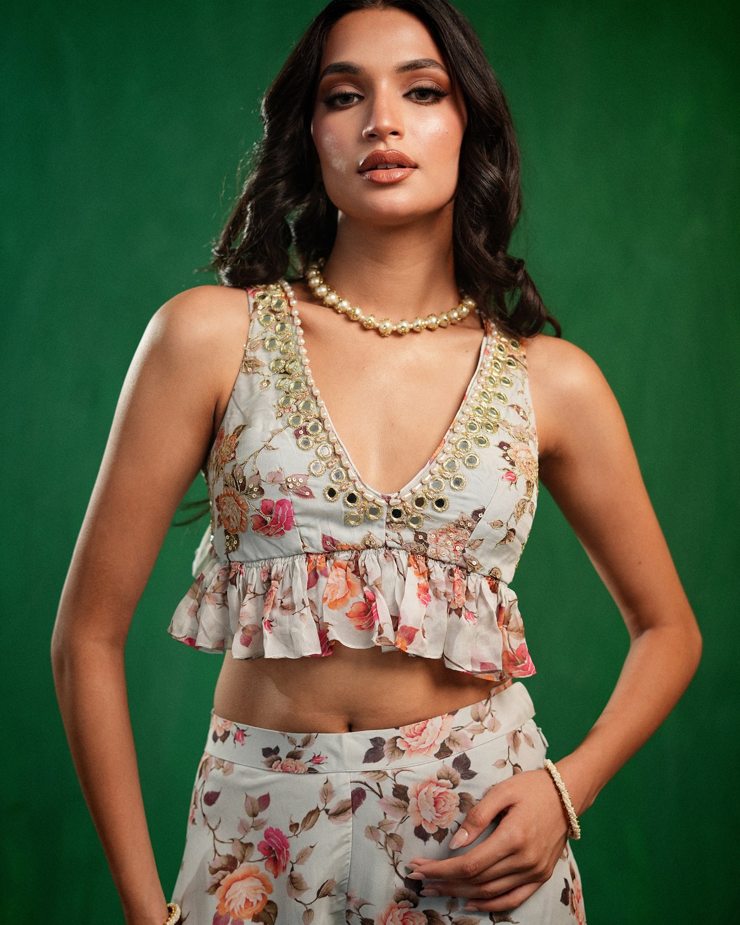 Sky Blue Floral Printed Backless Indo Set  (Set of 2)