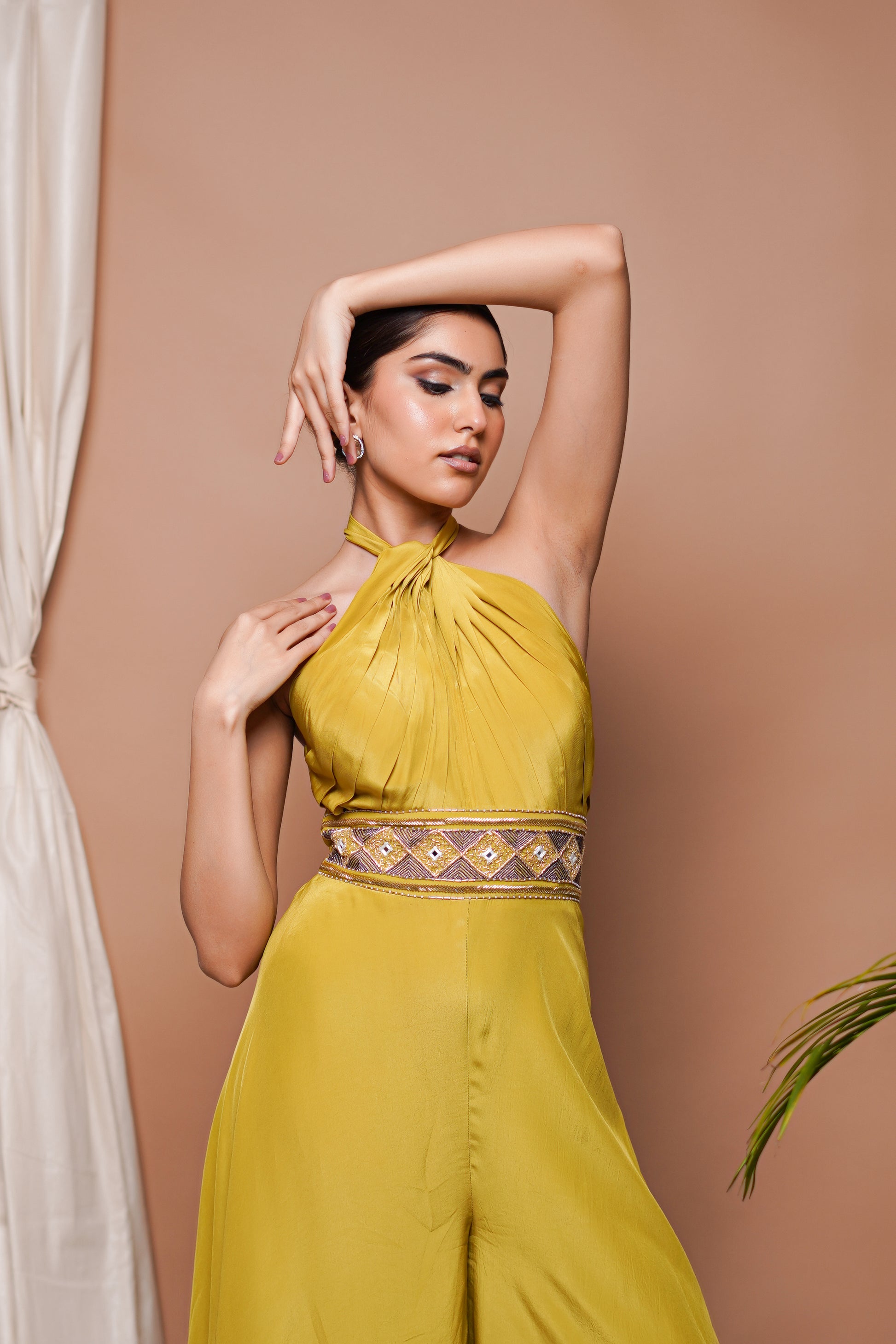 Halter Neck Jumpsuit Yellow Halter Jumpsuit Women's Mustard-Yellow