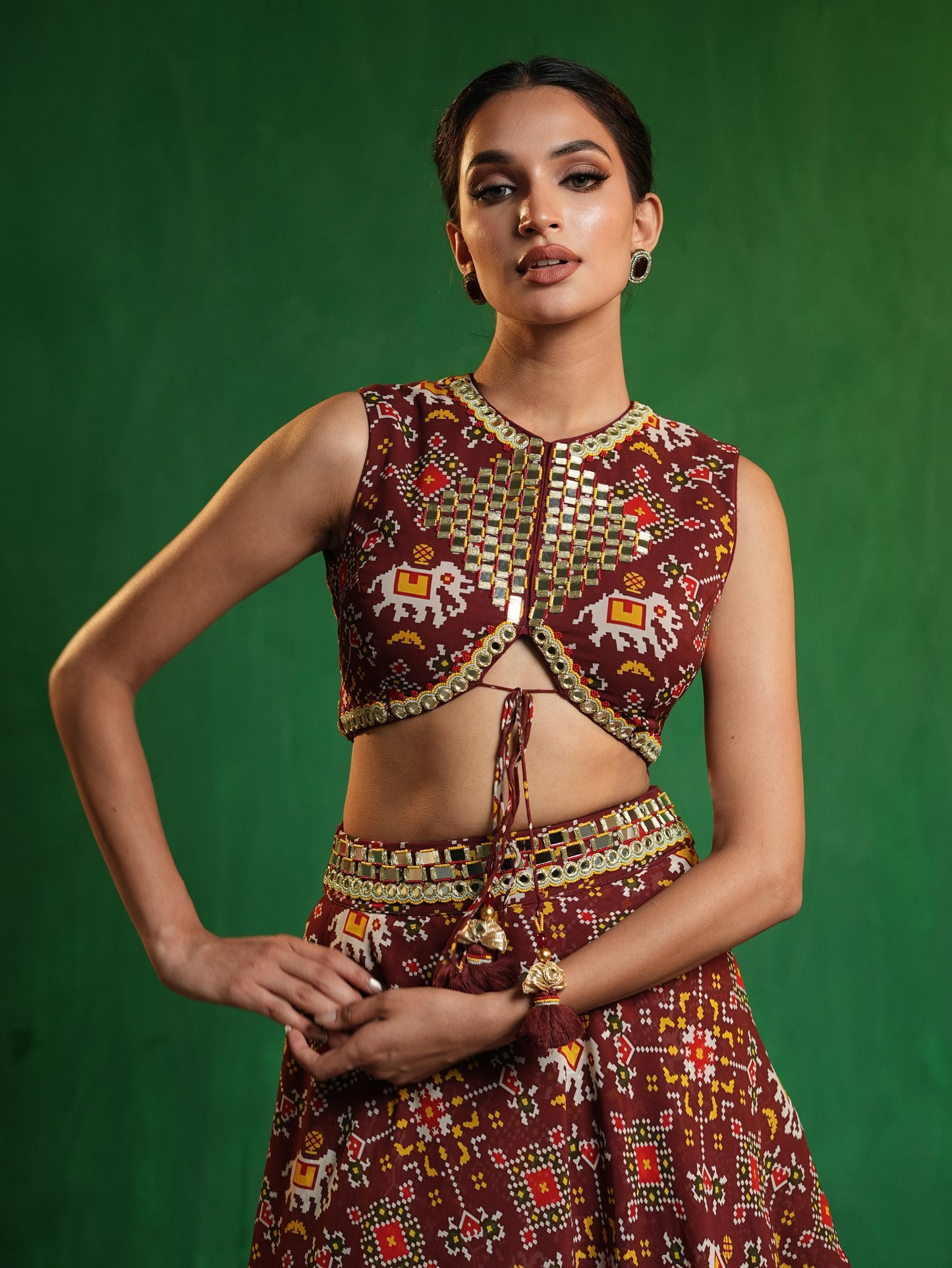 Maroon Patola Printed Indo Lehenga Set (Set of 2)