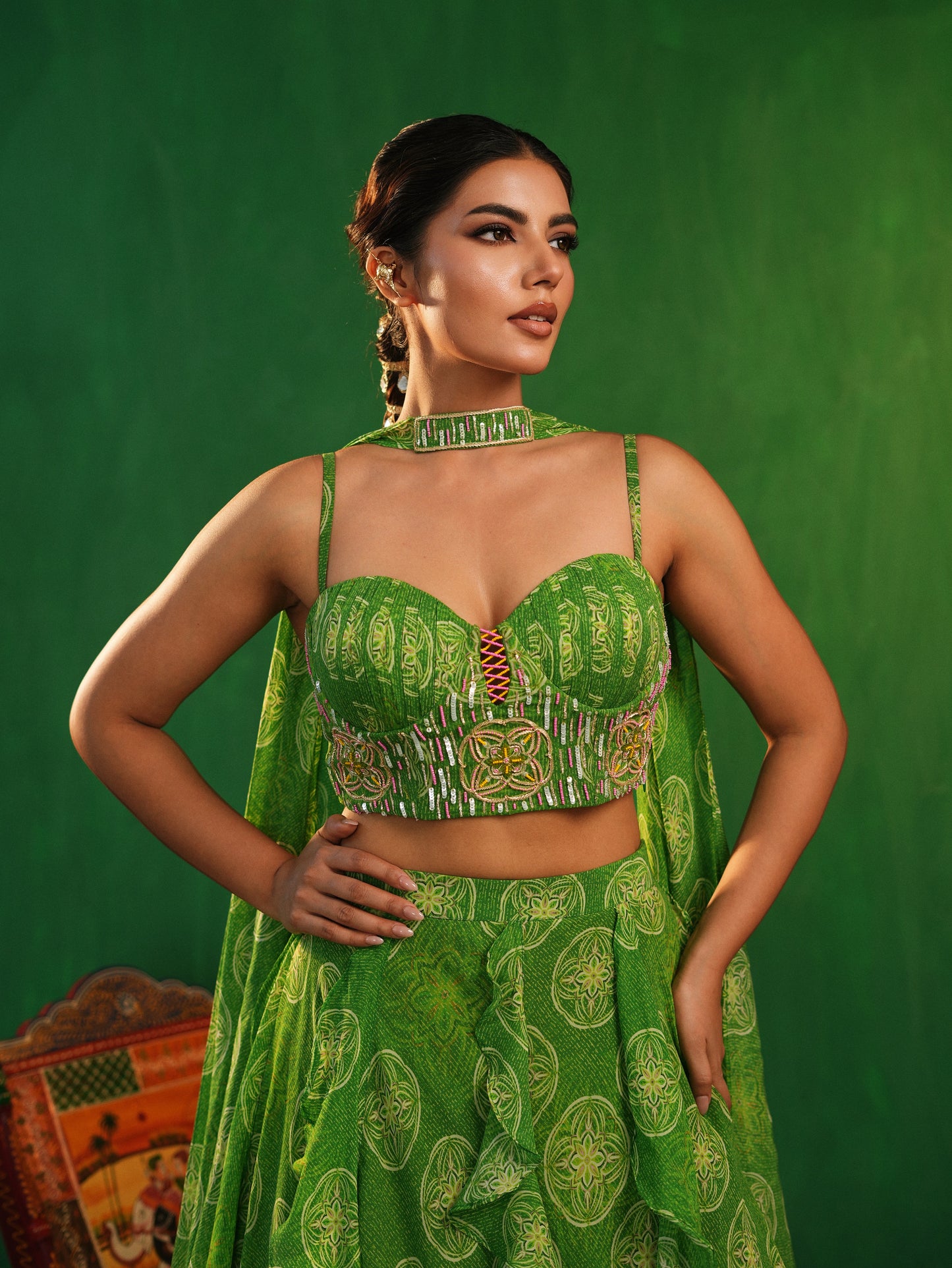 Lime Green Ruffle Lehenga Set (Set of 3)