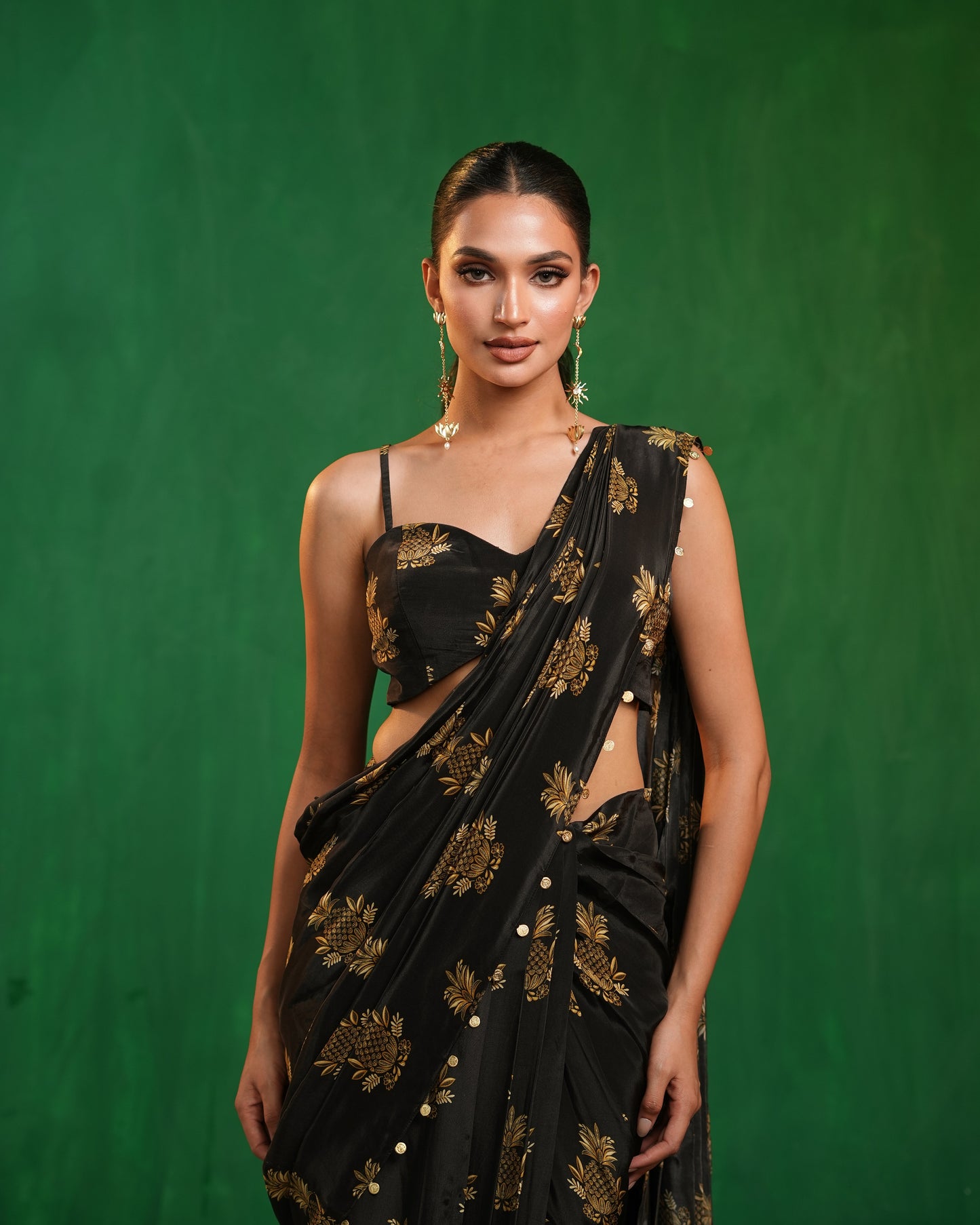 Pineapple Print Pre-Drape Saree With Statement Organza Poncho Set (Set of 3)