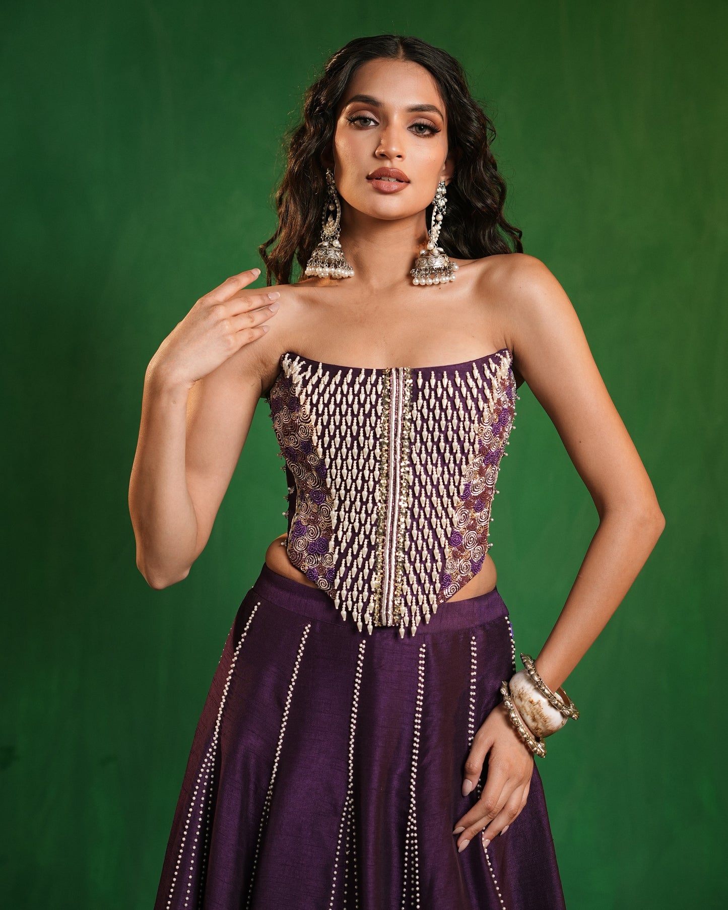 Dark Purple Corset Heavy Lehenga Set (Set of 2)