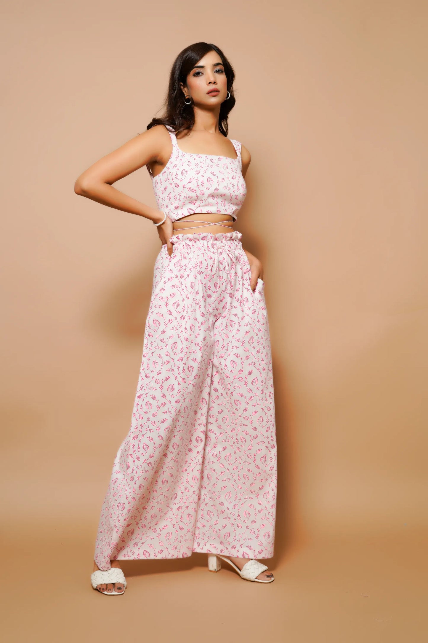 White and pink block printed cotton co-ord