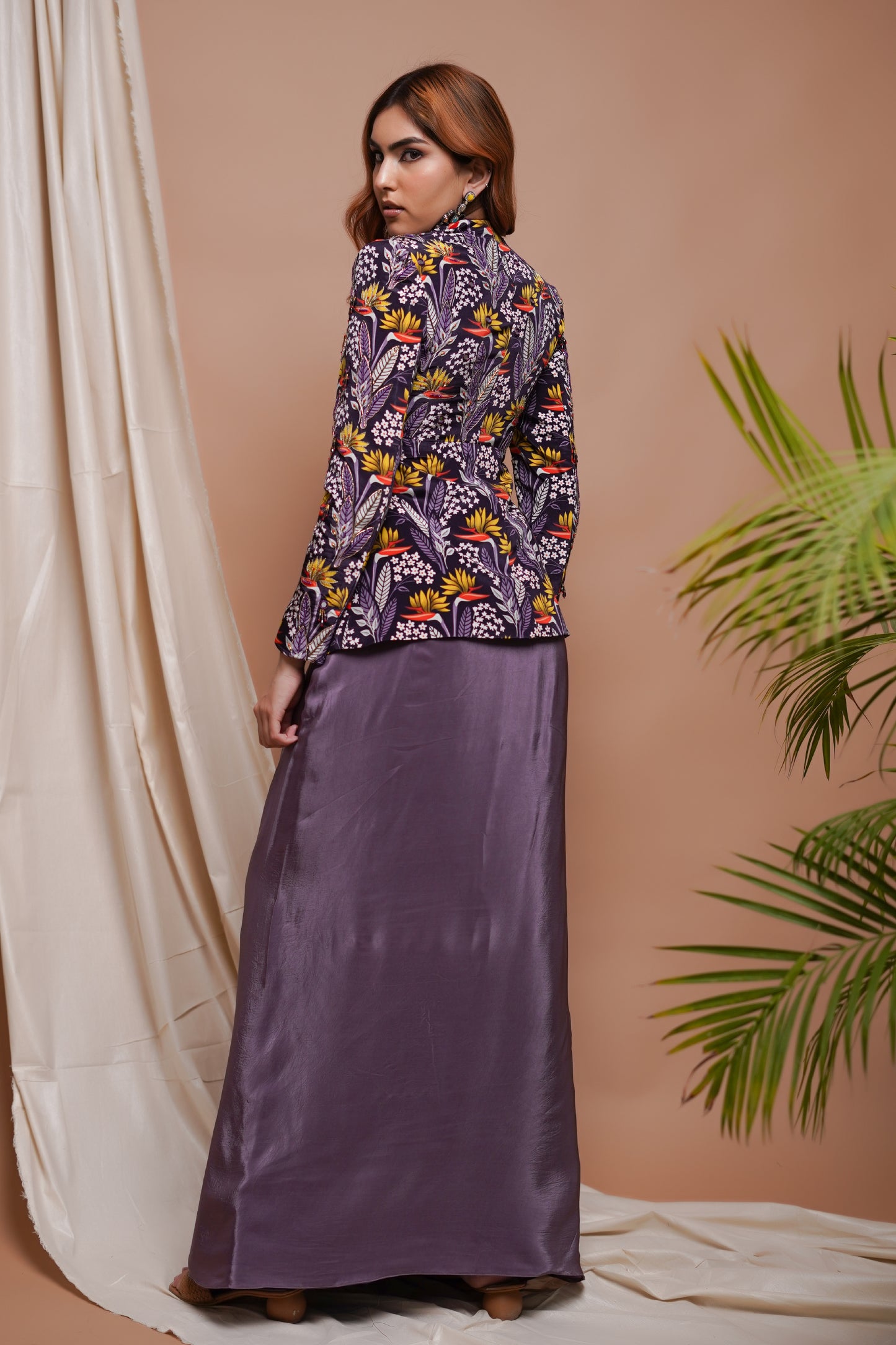 VIOLET DIGITAL PRINTED COAT AND  DRAPE  SKIRT SET  (SET OF 2)