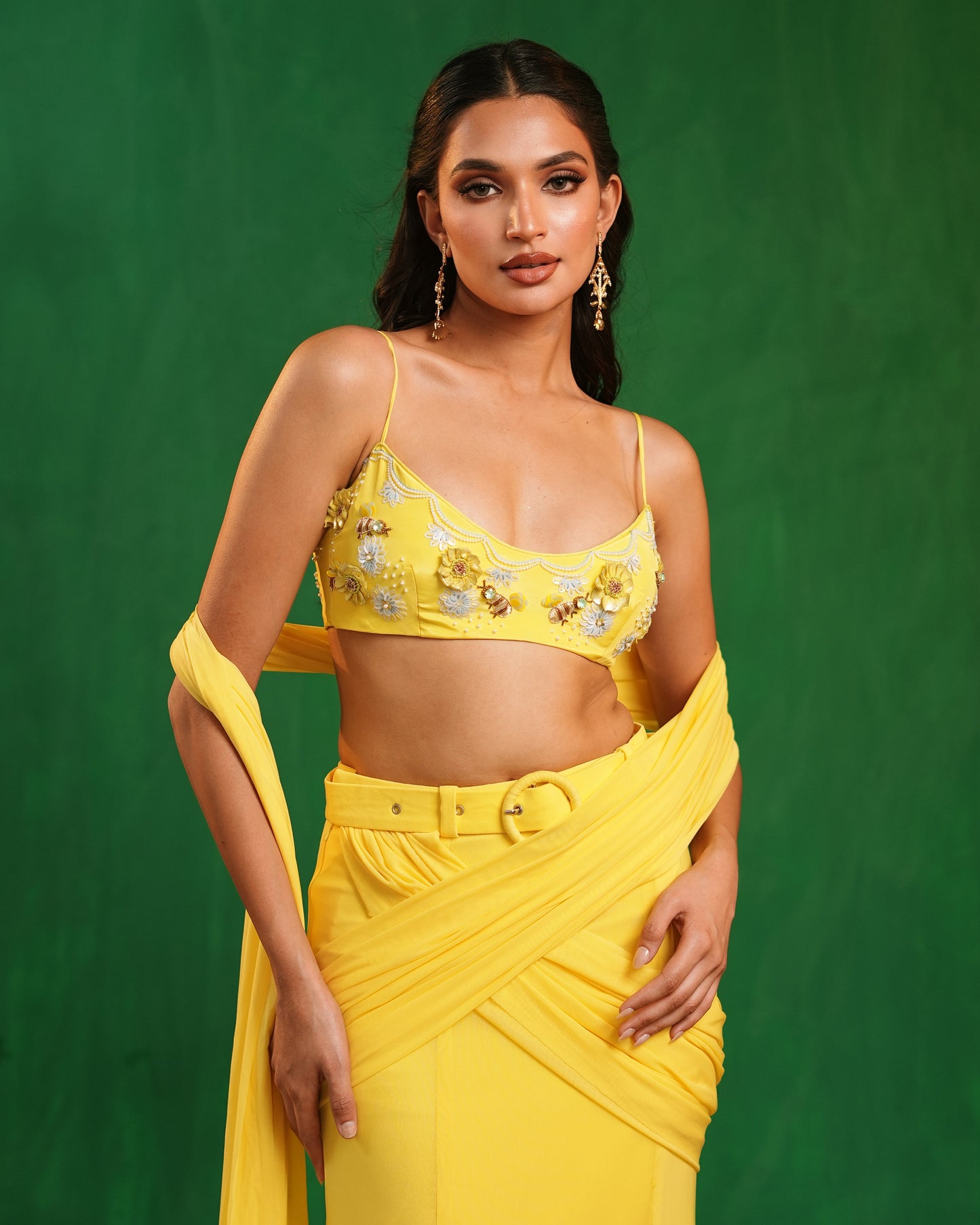 Sunshine Yellow Pre Drape Saree  Set  (Set of 2)