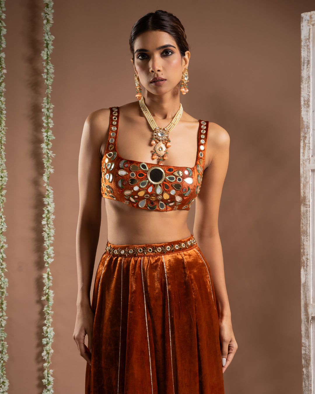 Rust Orange Velvet Indo Lehenga Set (Set of 2)