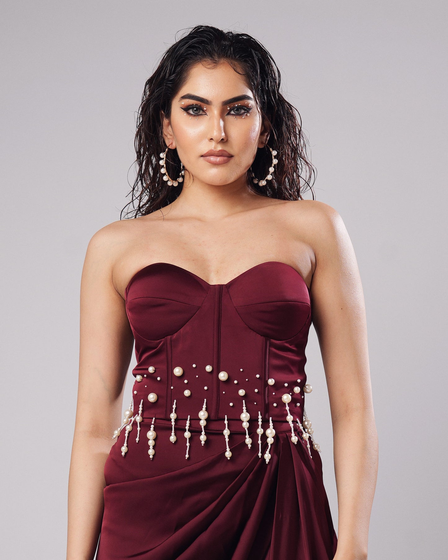Olivia - Burgundy Pearl Corset Drape Set (SET OF 2)
