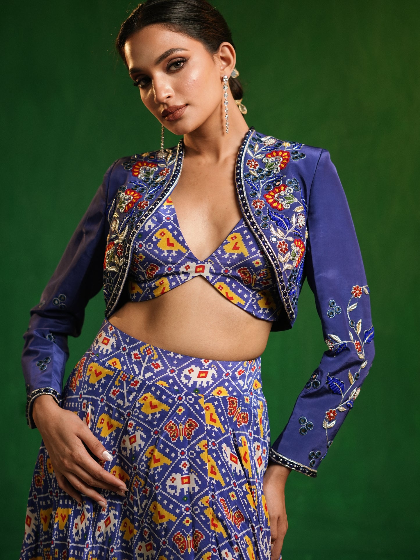 Blue Patola Printed Indo Lehenga  Set (Set of 3)