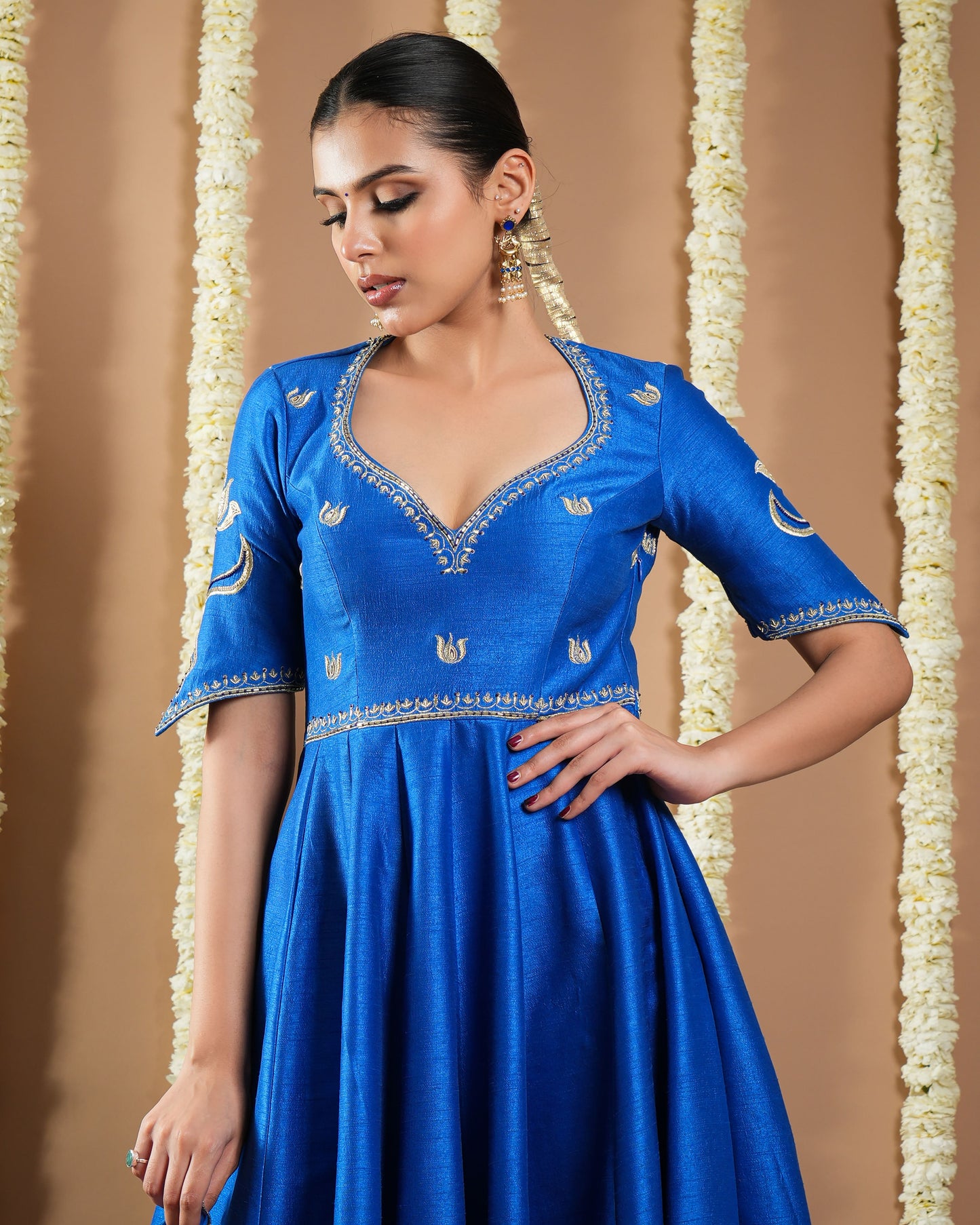 Royal Blue Silk Cutwork Anarkali Set (Set Of 3)