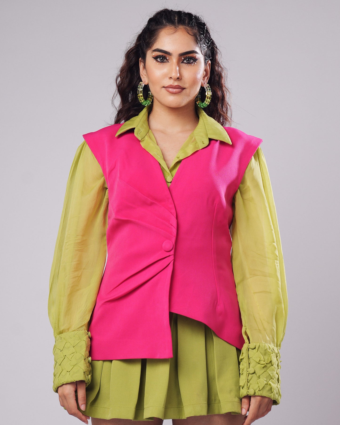 Poppy - Lime Green Organza Shirt With Hot Pink Waistcoat & Pleated Mini Skirt (SET OF 3)