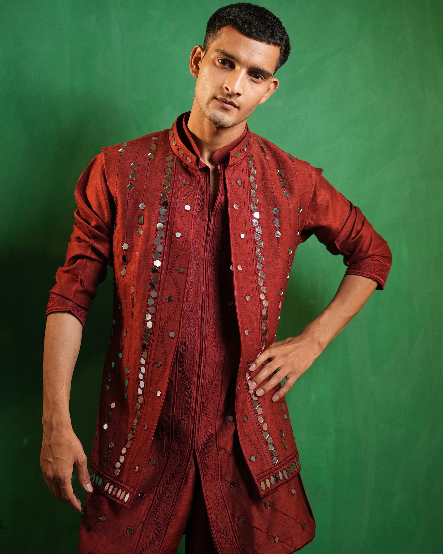 Deep Maroon Embellished Kurta Jacket Set (Set of 3)