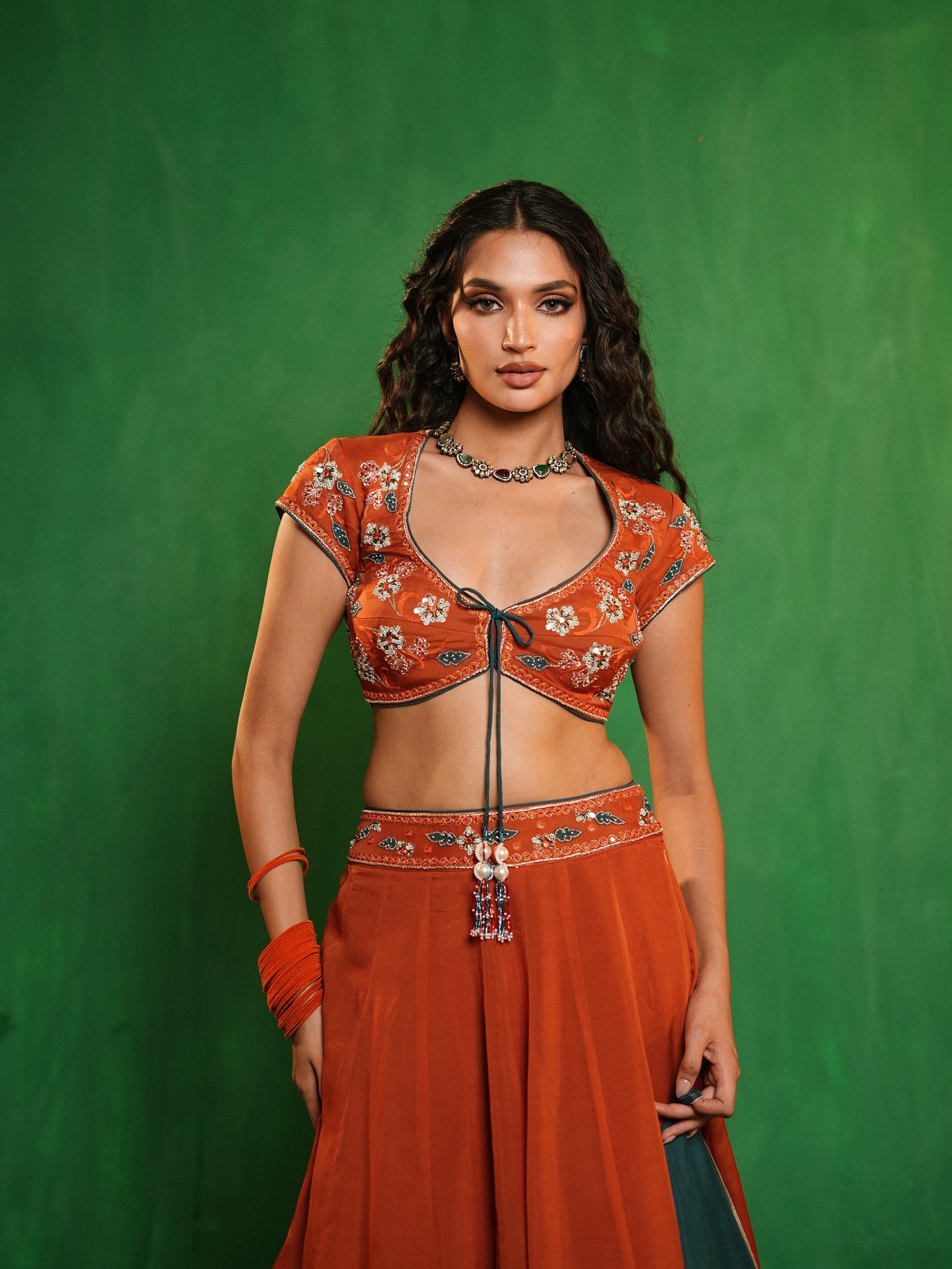 Rust-Teal Heavy Patchwork Lehenga Set (Set of 3)