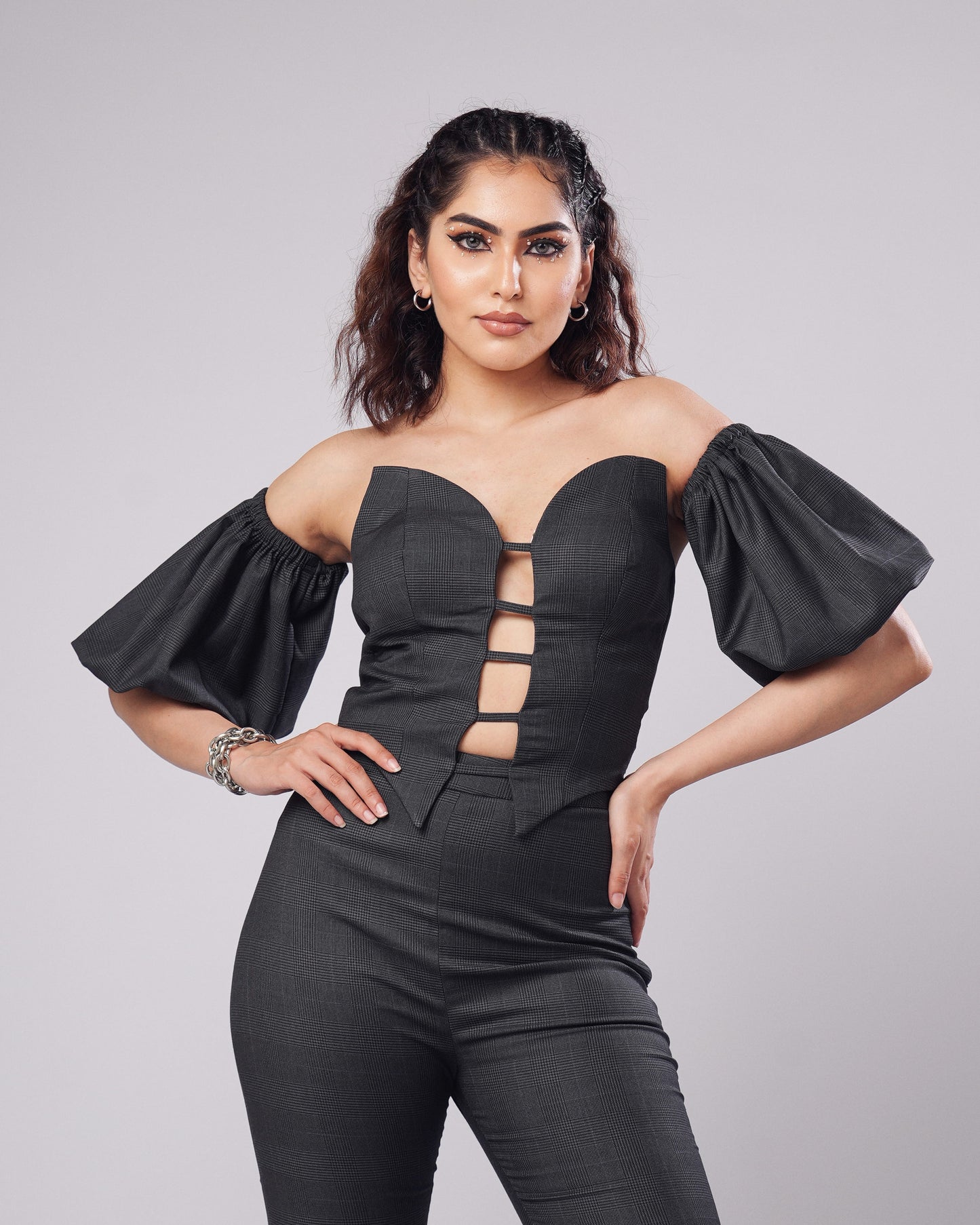 Heidi - Charcoal Check Corset Top With Puff Sleeves & Flared Trousers (SET OF 4)